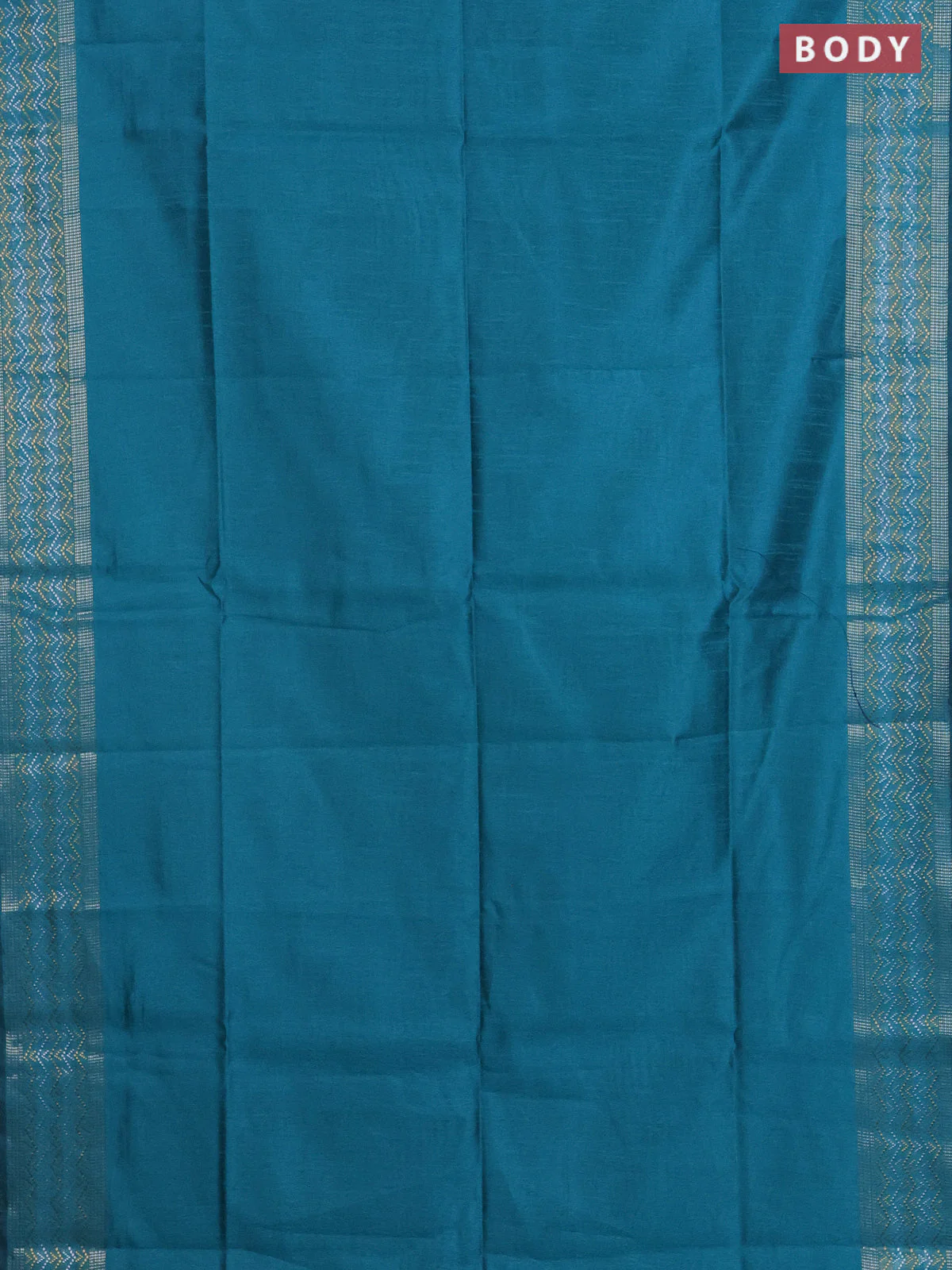 Semi dupion saree teal blue with plain body and silver & gold zari woven border - Image 2