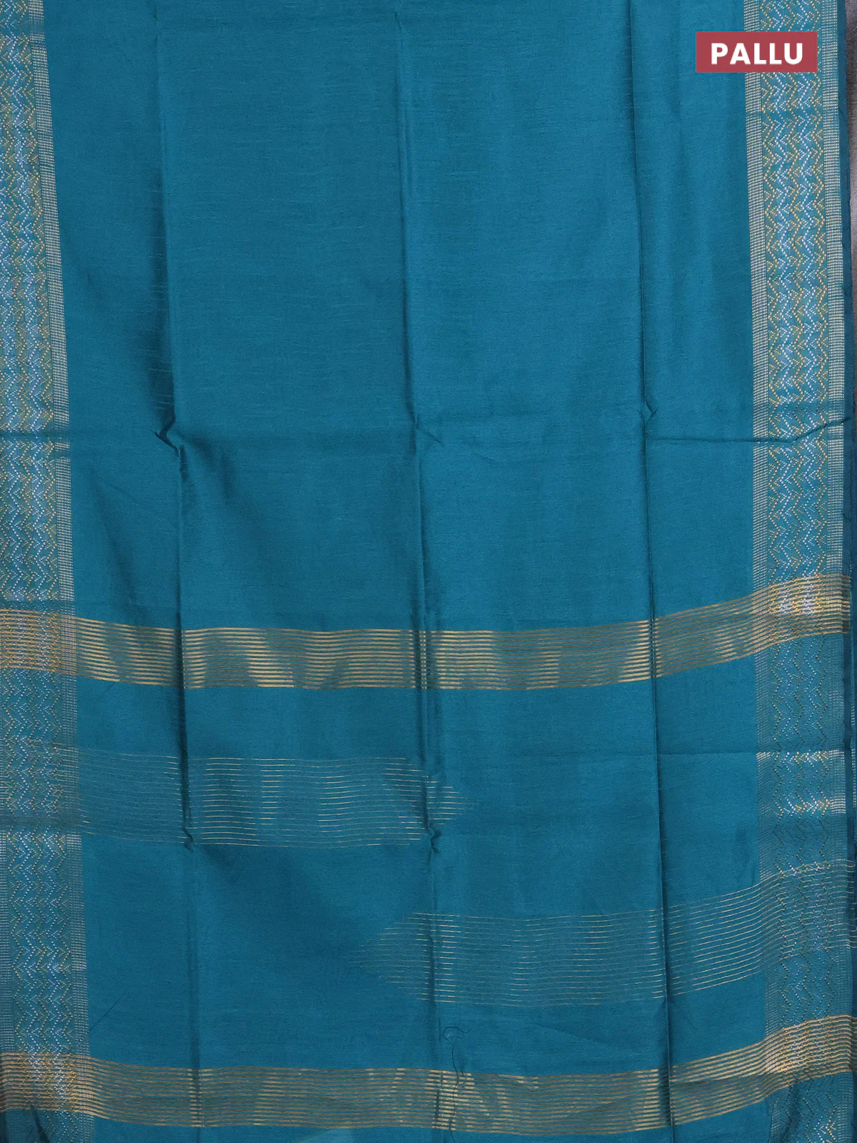 Semi dupion saree teal blue with plain body and silver & gold zari woven border - Image 3