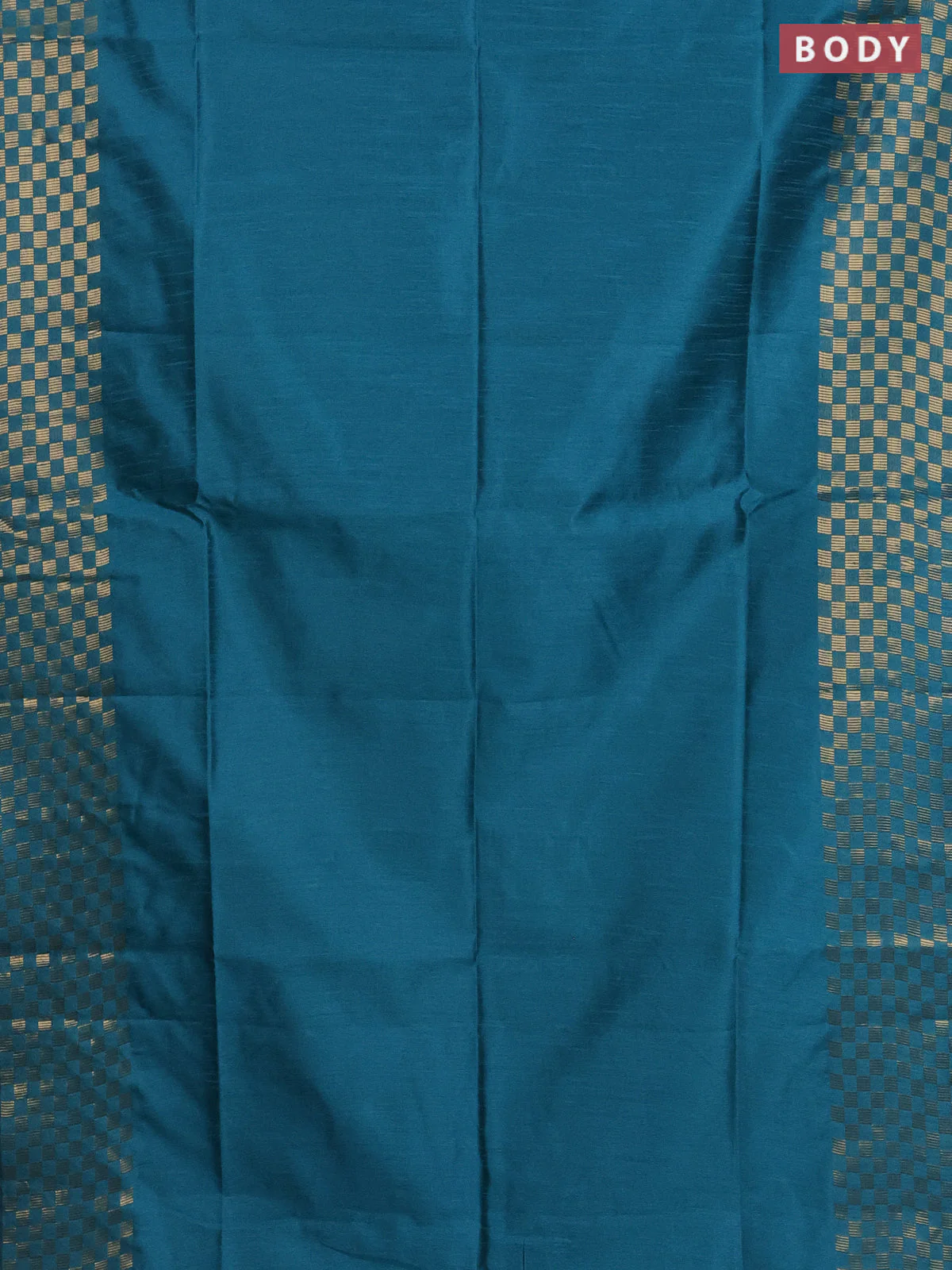 Semi dupion saree teal blue with plain body and zari woven checked border - Image 2