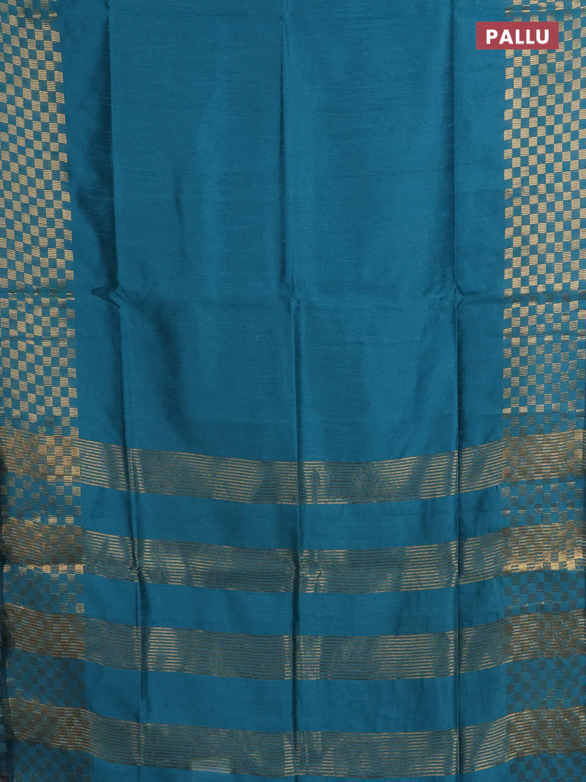 Semi dupion saree teal blue with plain body and zari woven checked border - Image 3