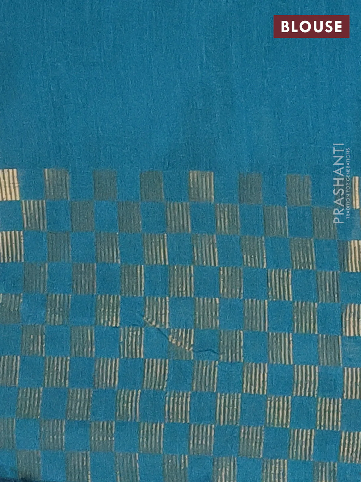 Semi dupion saree teal blue with plain body and zari woven checked border - Image 4