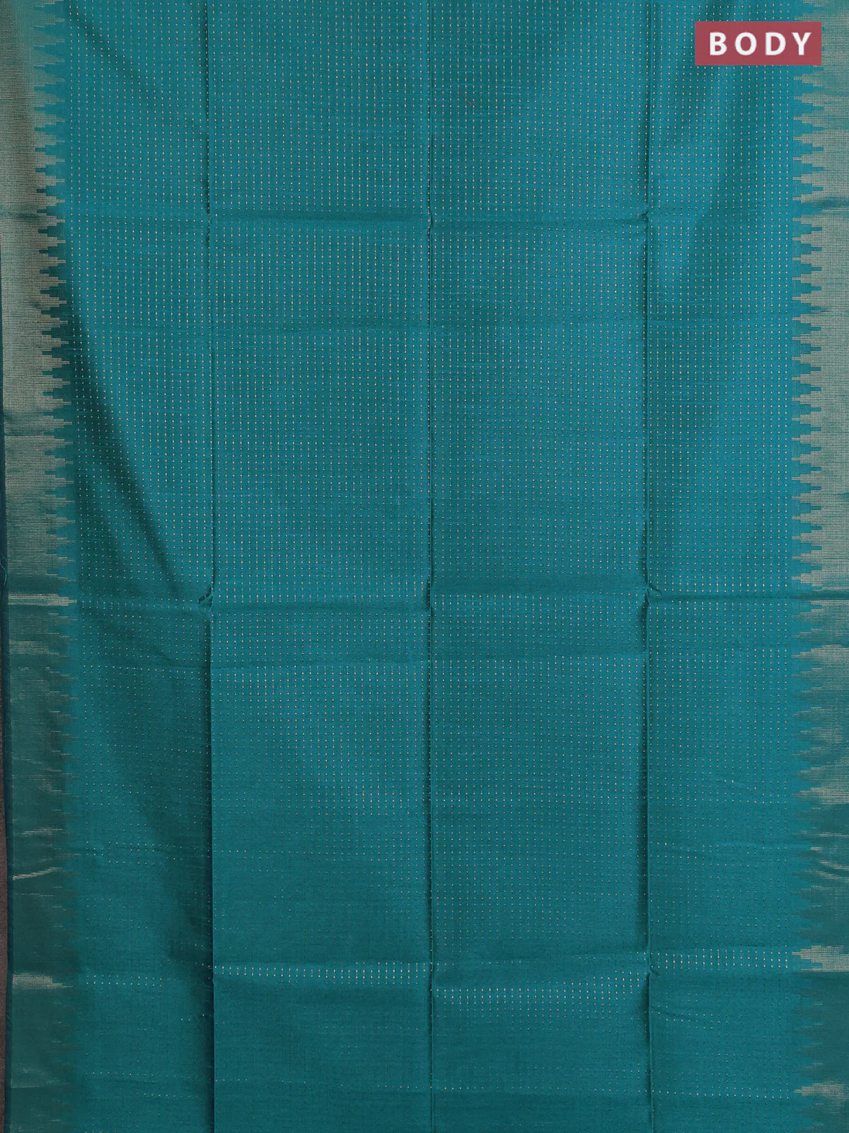 Semi dupion saree teal green and blue with allover zari weaves and temple zari woven border - Image 2