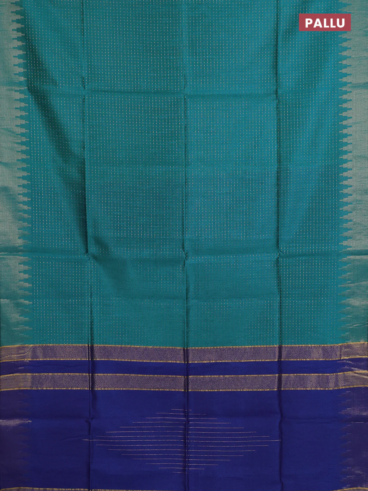 Semi dupion saree teal green and blue with allover zari weaves and temple zari woven border - Image 3