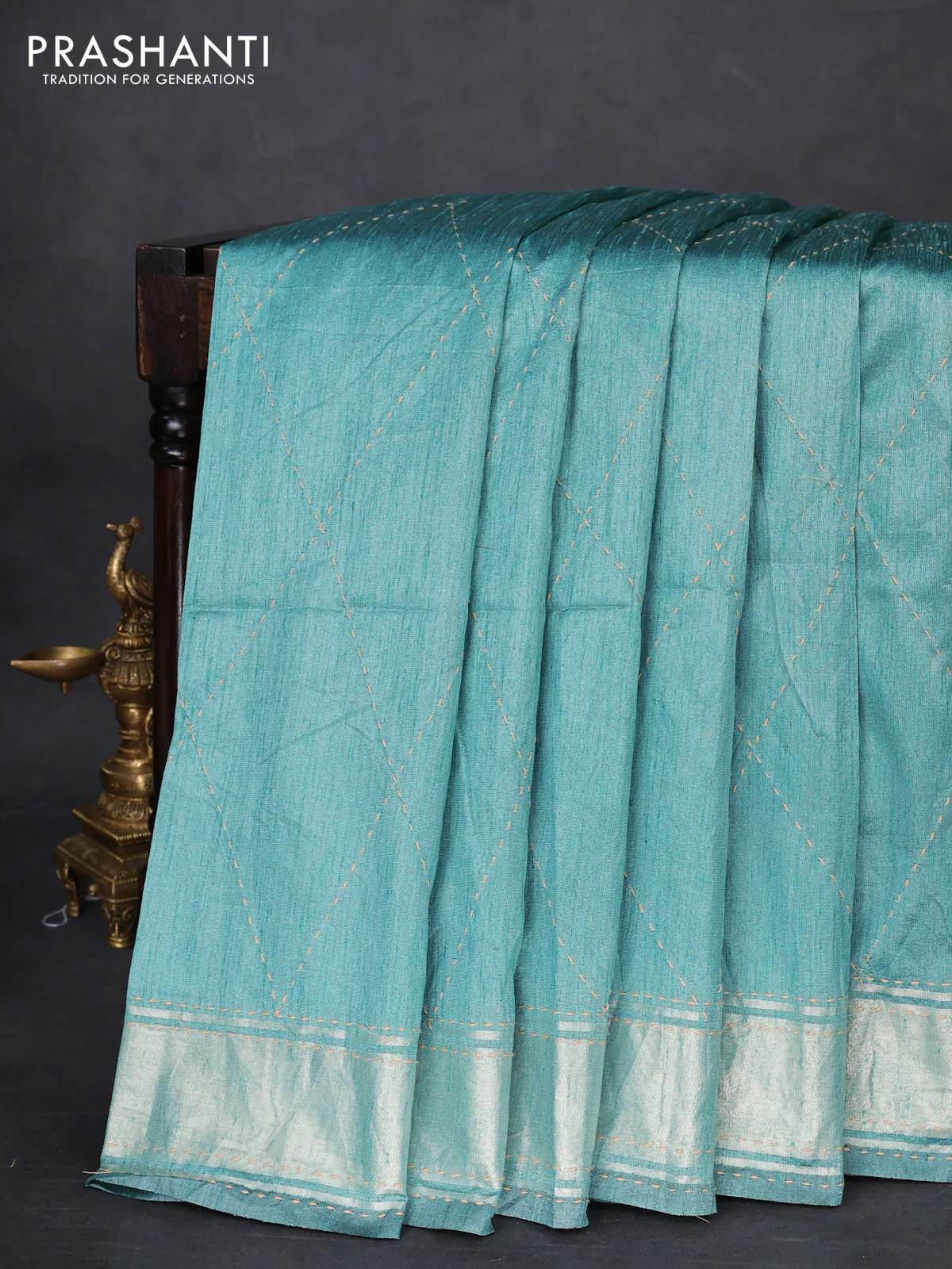 Semi dupion saree teal green and multi colour with allover kantha stitch work and zari woven border