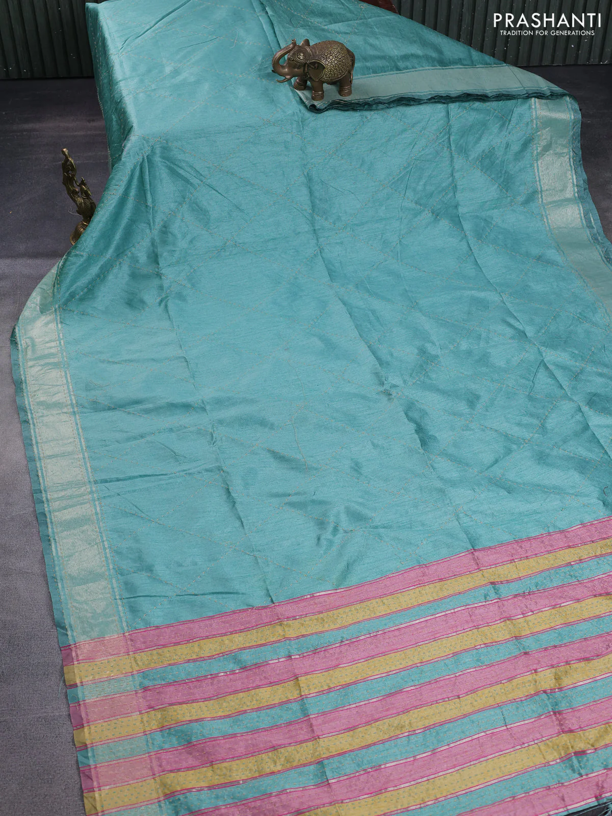Semi dupion saree teal green and multi colour with allover kantha stitch work and zari woven border - Image 2