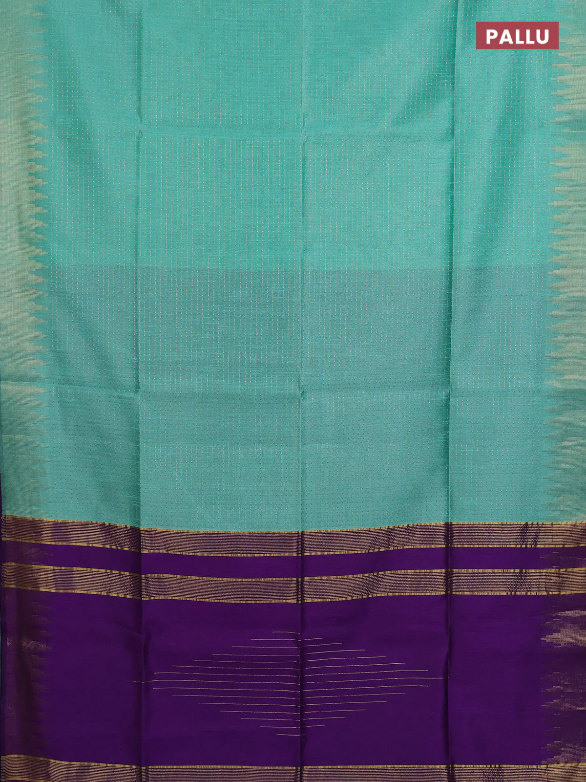 Semi dupion saree teal green and purple with allover zari weaves and temple zari woven border - Image 3