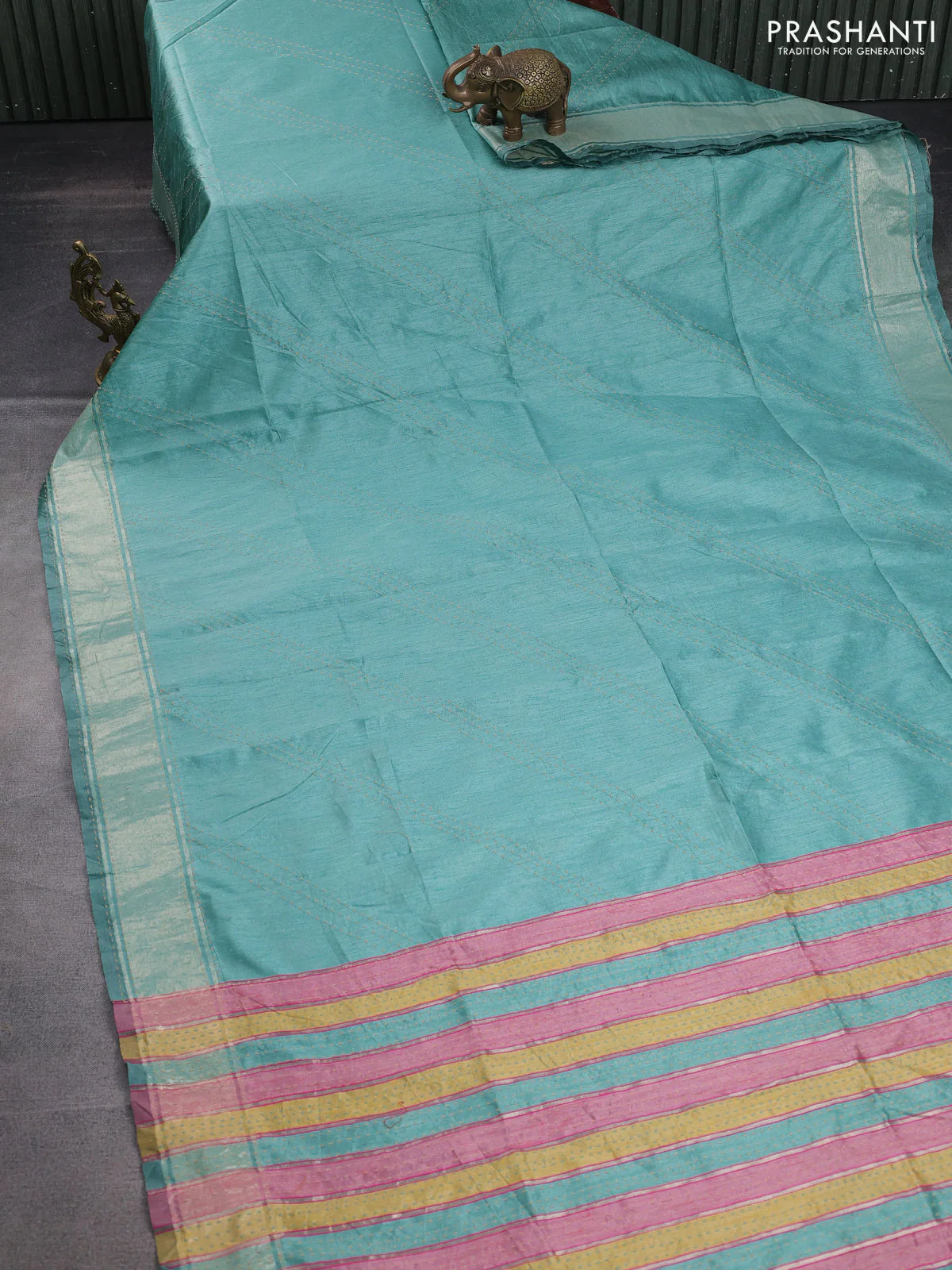 Semi dupion saree teal green shade and multi colour with allover kantha stitch work and zari woven border - Image 2
