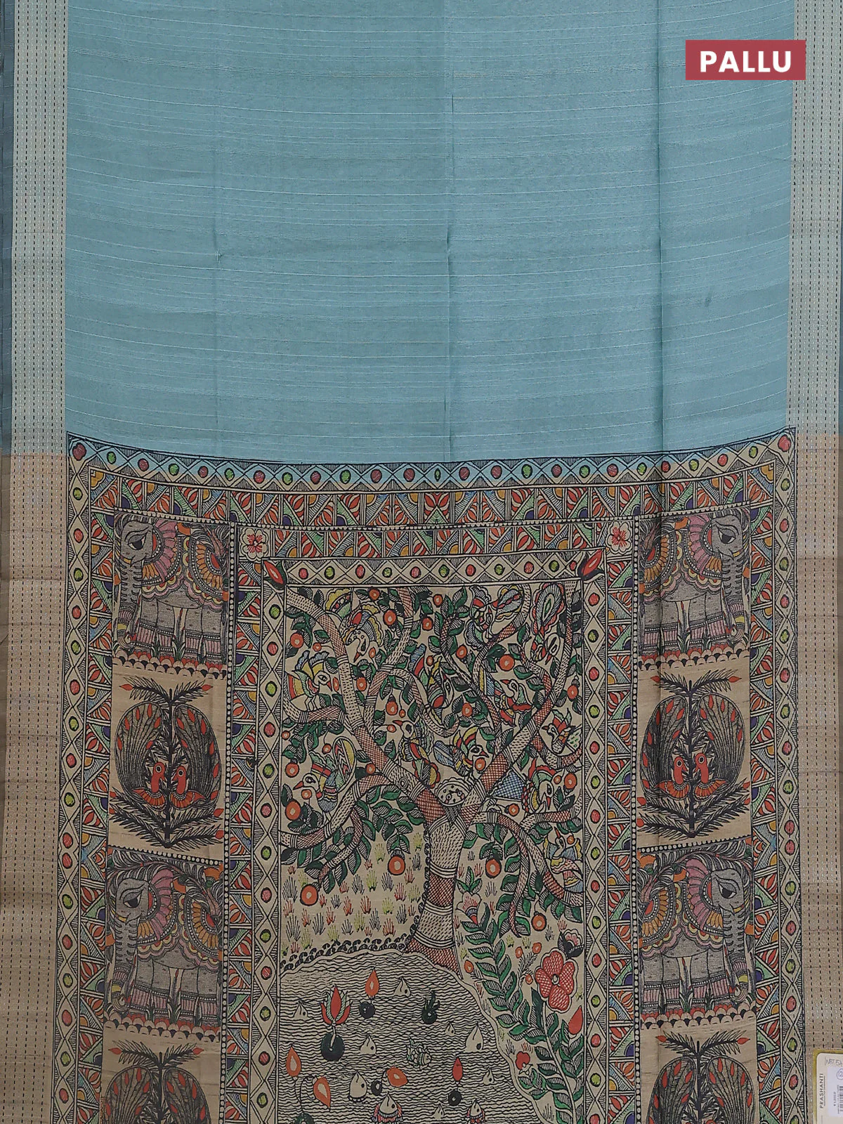 Semi dupion saree teal green with plain body and madhubani printed pallu & kantha stitch work - Image 3