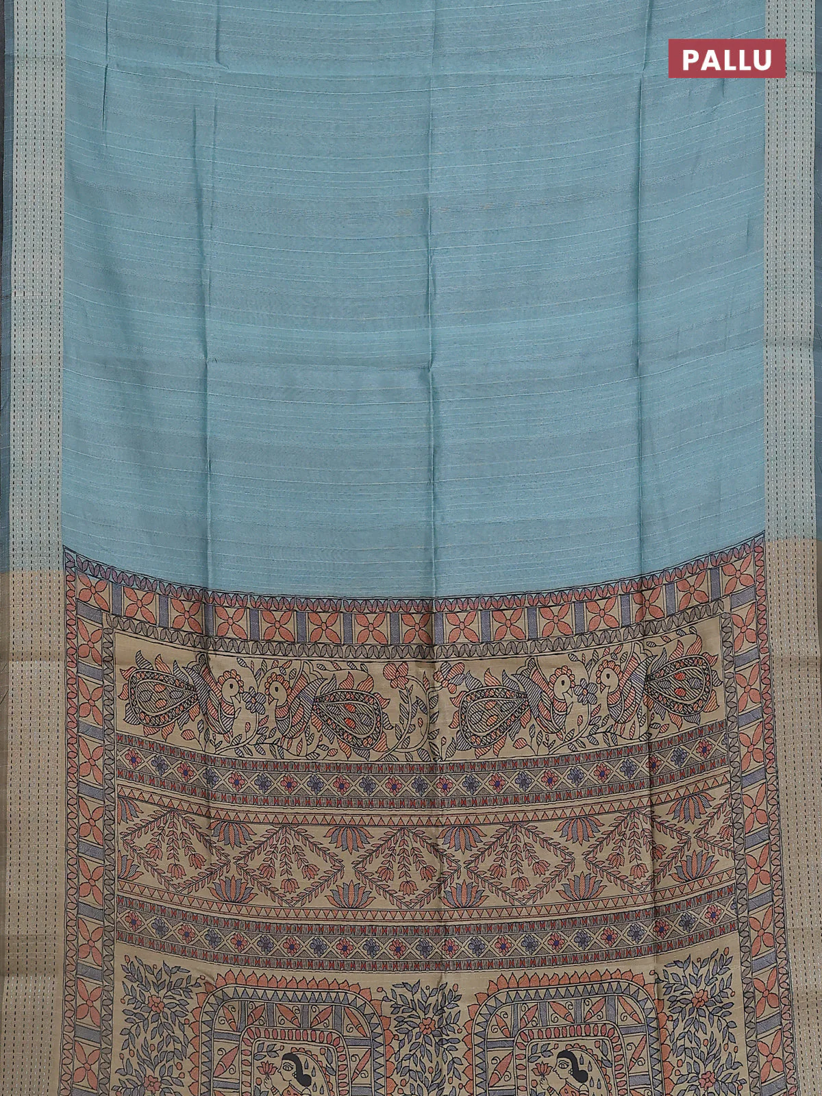 Semi dupion saree teal green with plain body and madhubani printed pallu & kantha stitch work - Image 3