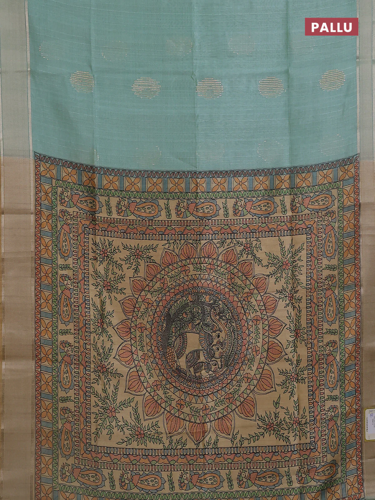 Semi dupion saree teal green with zari woven buttas and madhubani printed pallu & blouse - Image 3