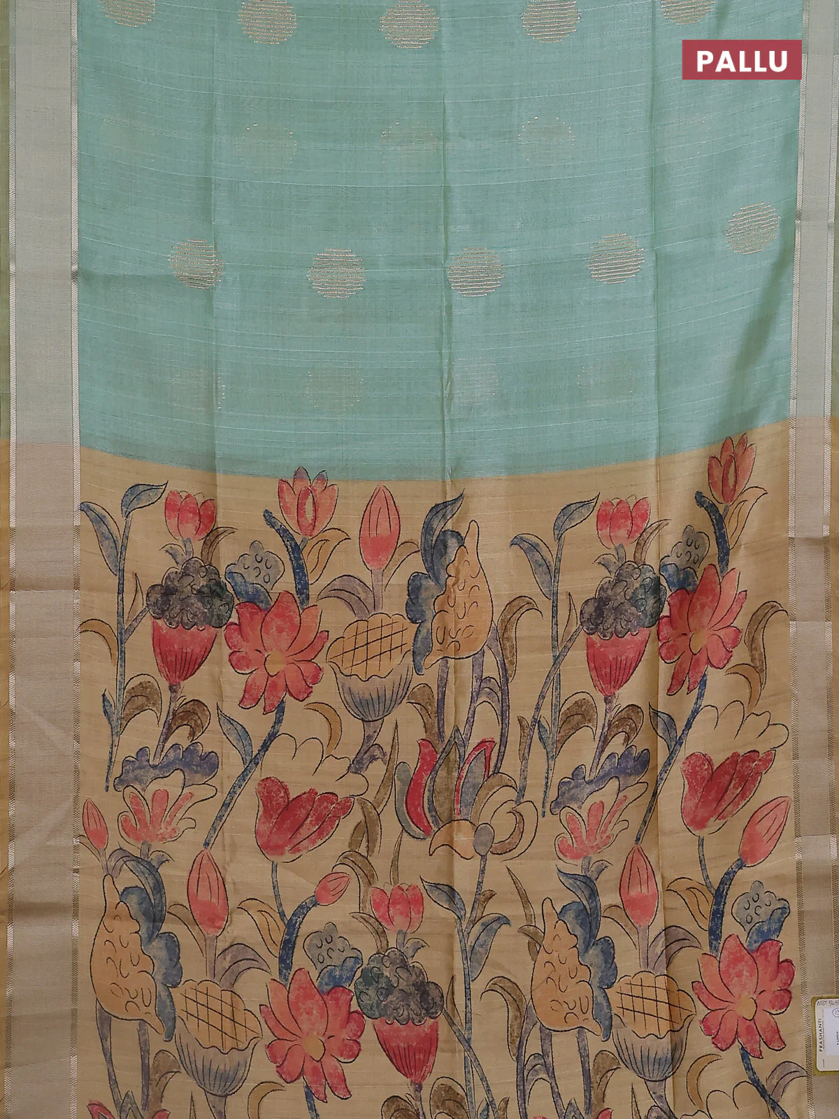 Semi dupion saree teal green with zari woven buttas and madhubani printed pallu & blouse - Image 3