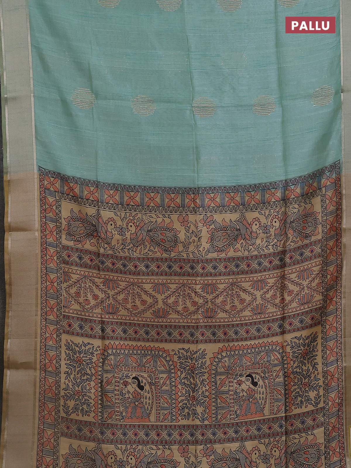 Semi dupion saree teal green with zari woven buttas and madhubani printed pallu & blouse - Image 3