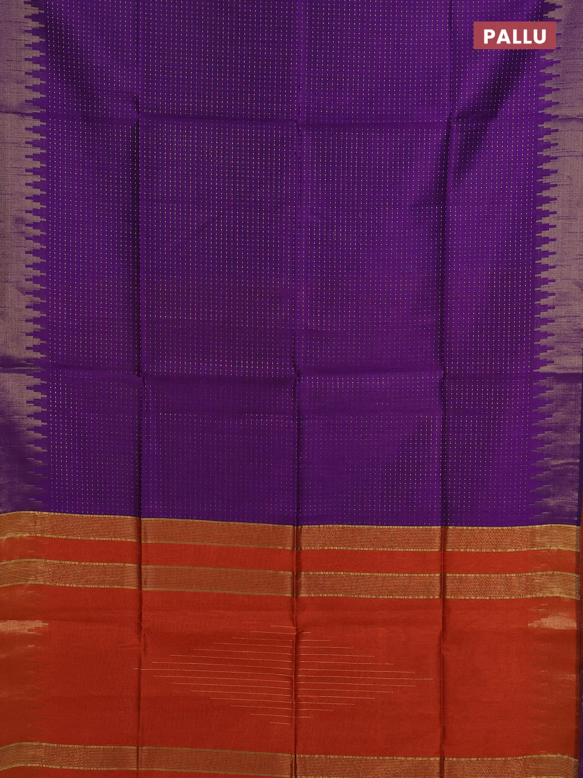 Semi dupion saree violet and orange with allover zari weaves and temple zari woven border - Image 3