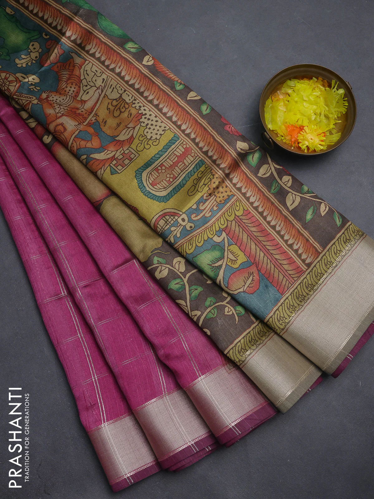 Semi dupion saree wine shade with allover zari checks pattern and madhubani printed pallu & blouse