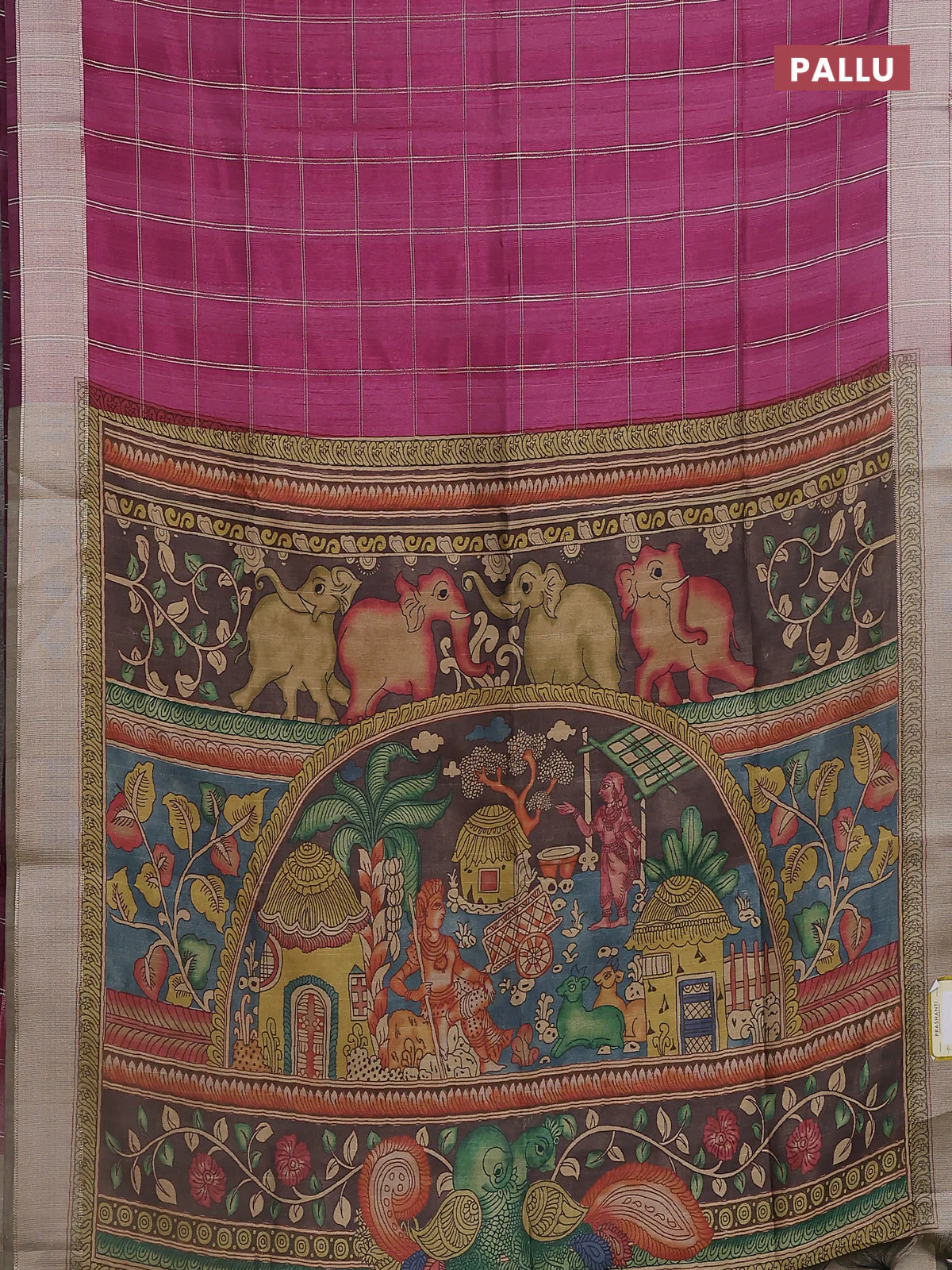 Semi dupion saree wine shade with allover zari checks pattern and madhubani printed pallu & blouse - Image 3