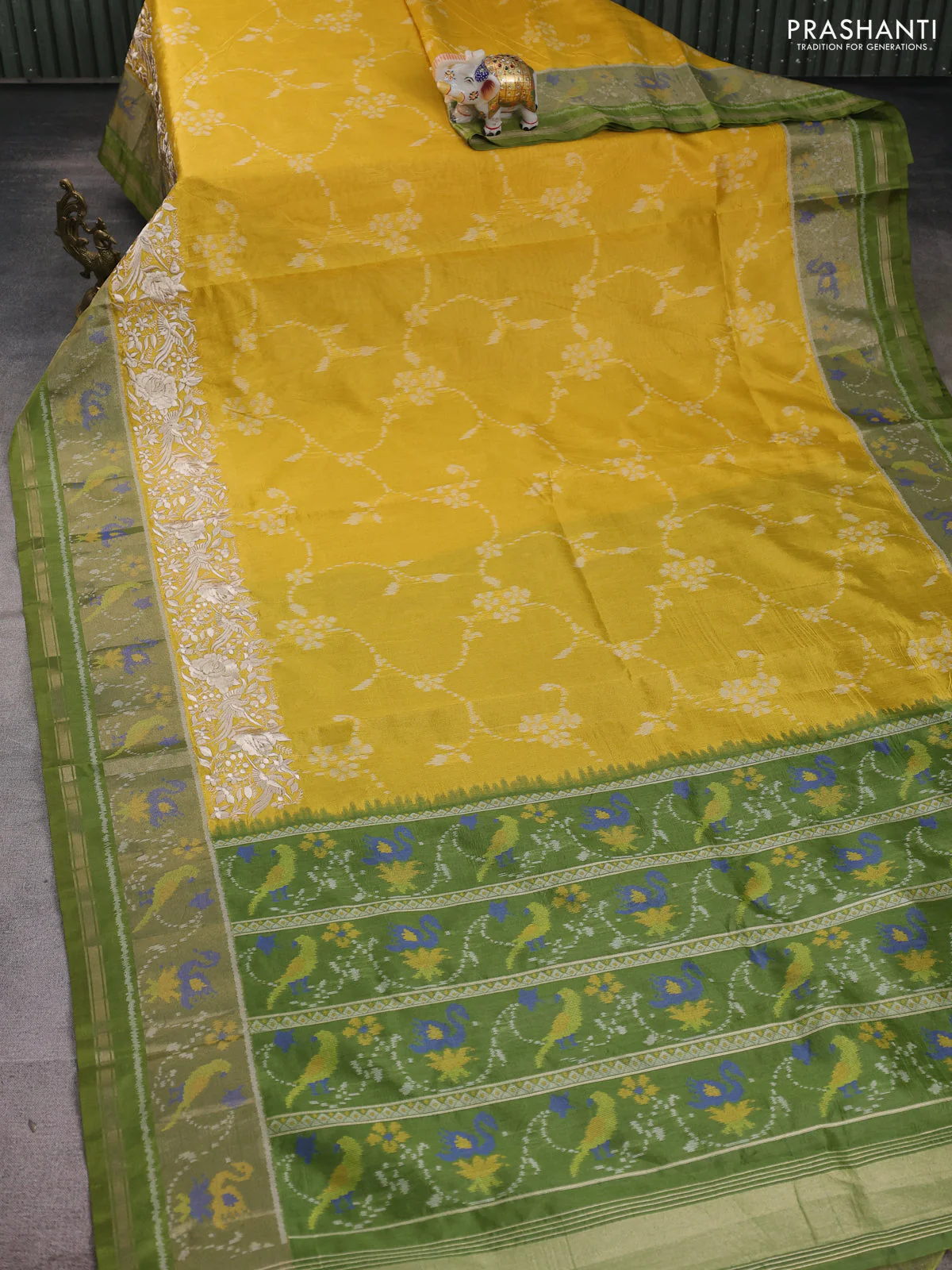 Semi dupion saree yellow and green with allover thread weaves and parsi embroidery work zari woven border - Image 2