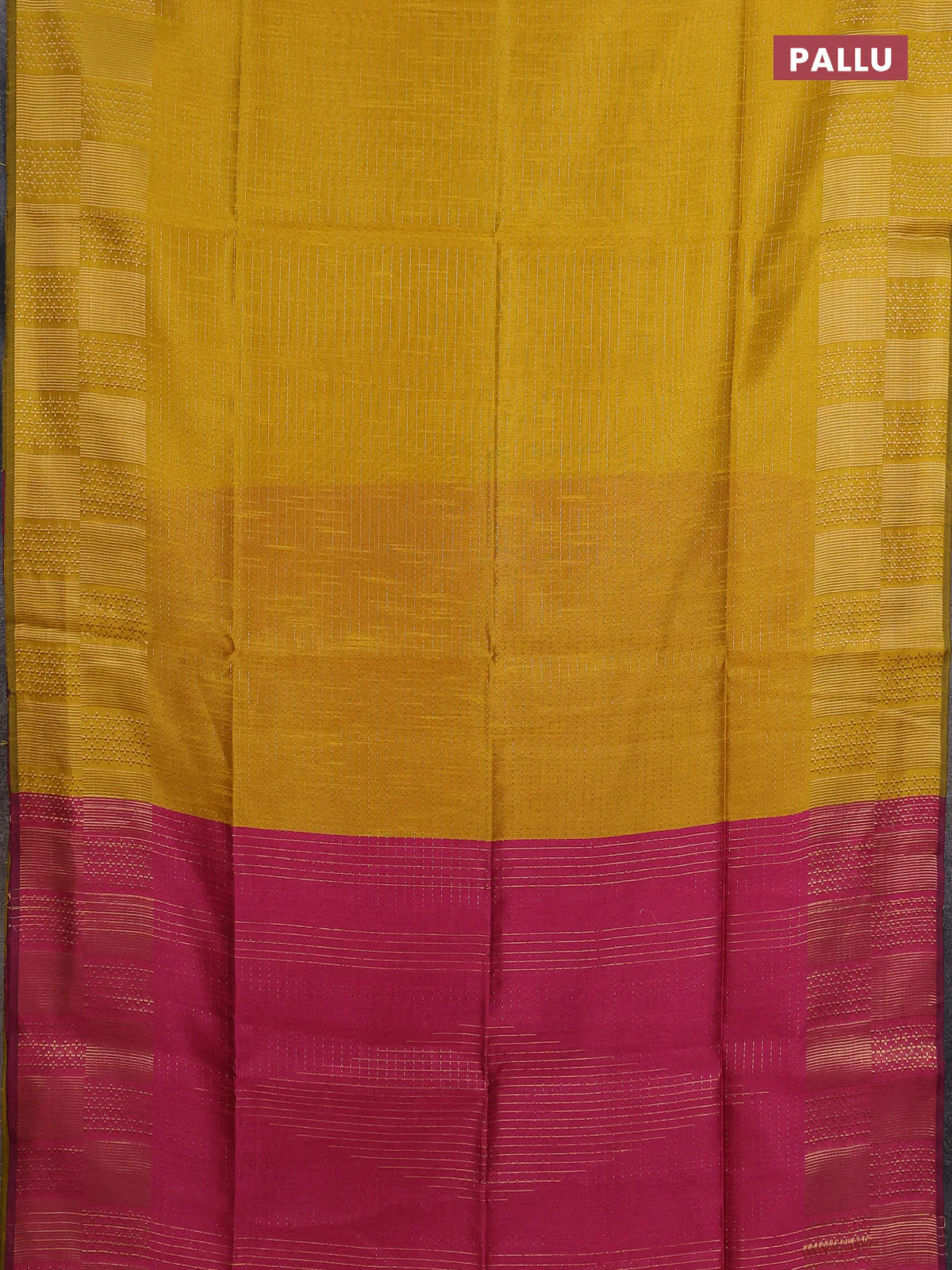 Semi dupion saree yellow and pink with allover zari stripes pattern and zari woven border - Image 3