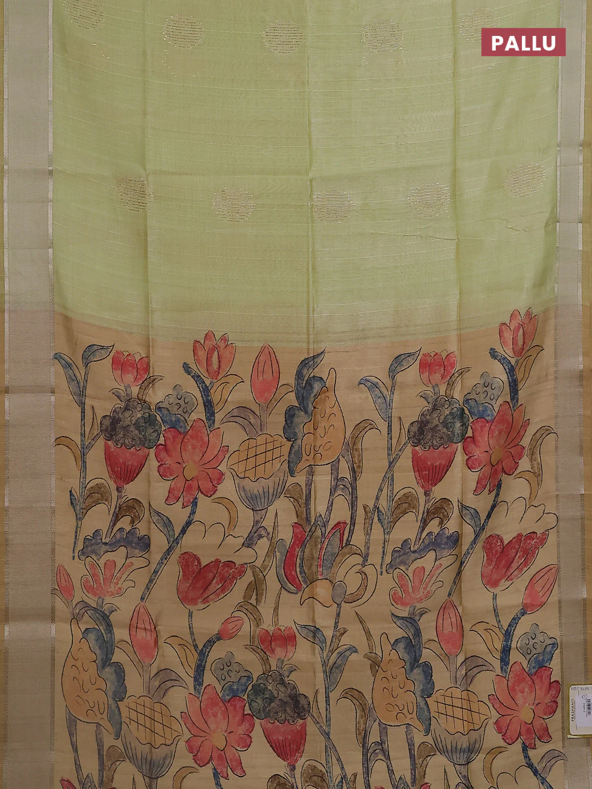 Semi dupion saree pale yellow with zari woven buttas and madhubani printed pallu & blouse - Image 3