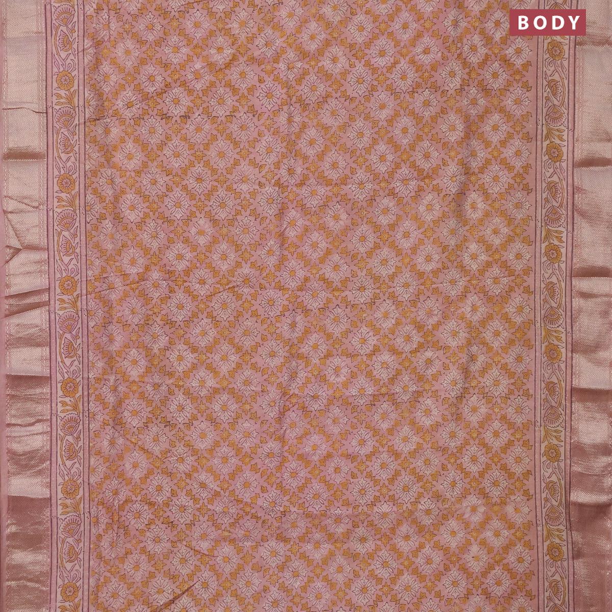Semi gadwal saree peach shade with allover floral prints and zari woven border - Image 2