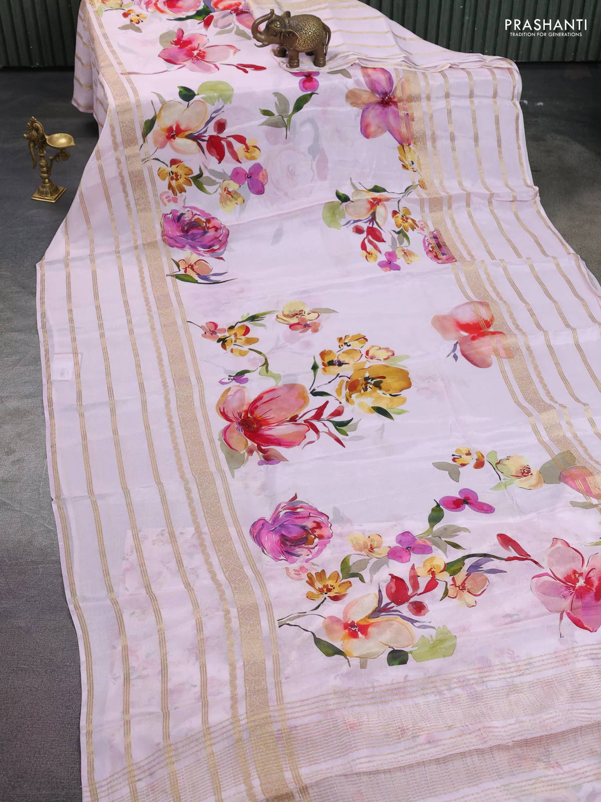 Semi georgette saree baby pink with allover floral prints and long zari woven border - Image 2