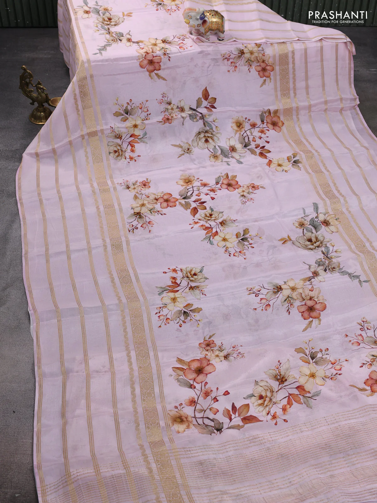 Semi georgette saree baby pink with allover floral prints and long zari woven border - Image 2
