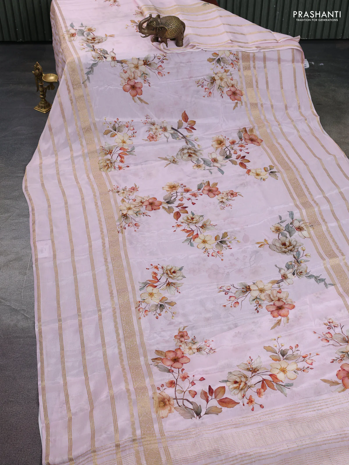 Semi georgette saree baby pink with allover floral prints and long zari woven border - Image 2