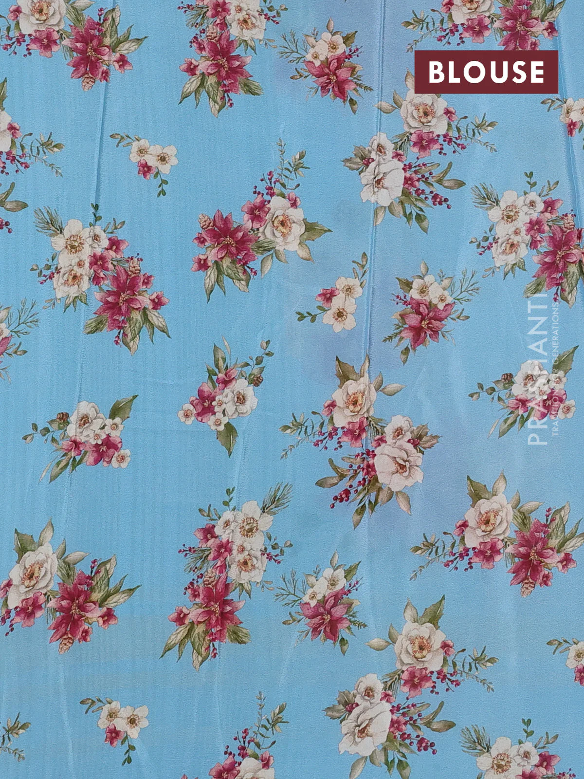 Semi georgette saree blue shade with allover floral prints and long zari woven border - Image 3