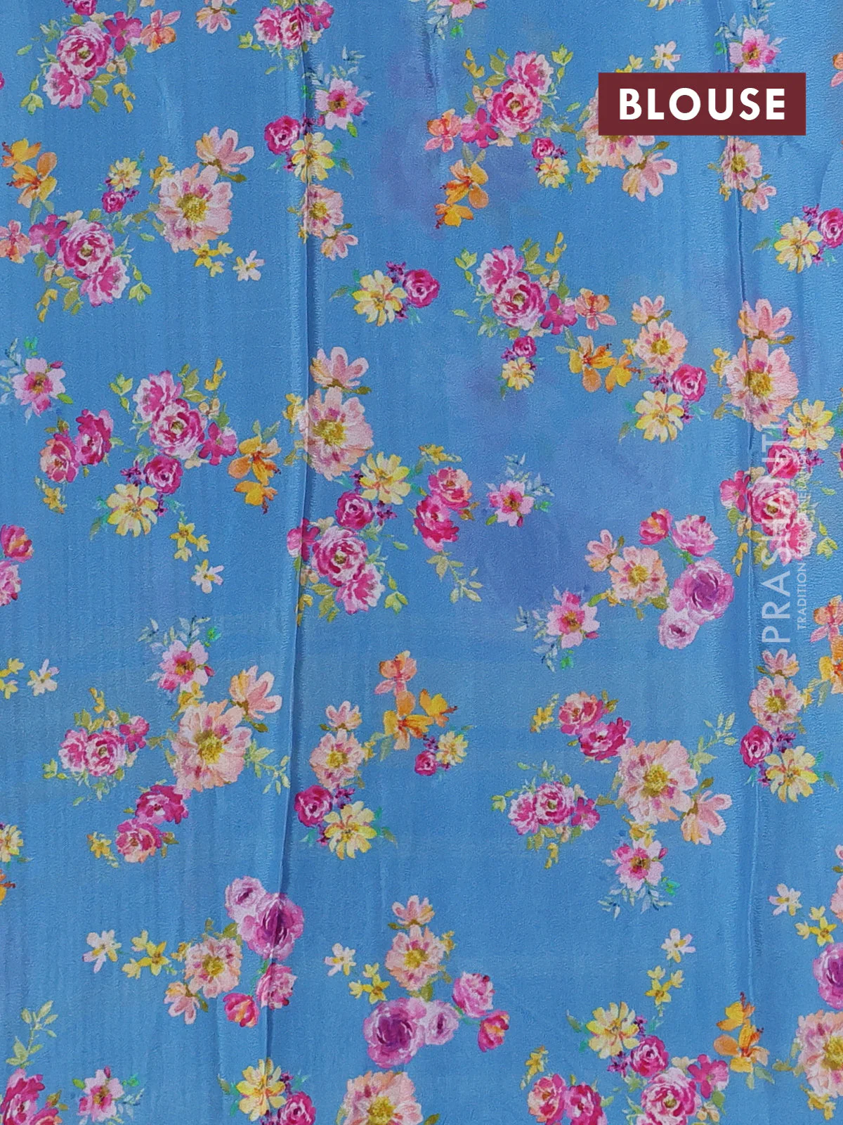 Semi georgette saree blue with allover floral prints and long zari woven border - Image 3