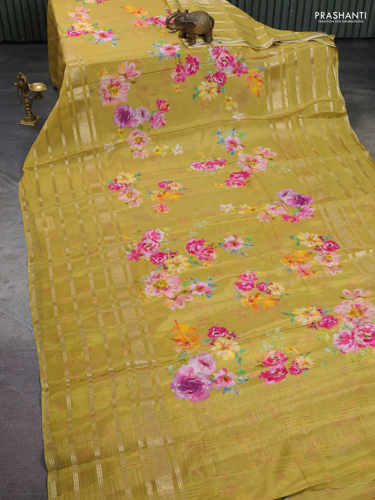 Semi georgette saree dark mustard with allover floral prints and long zari woven border - Image 2