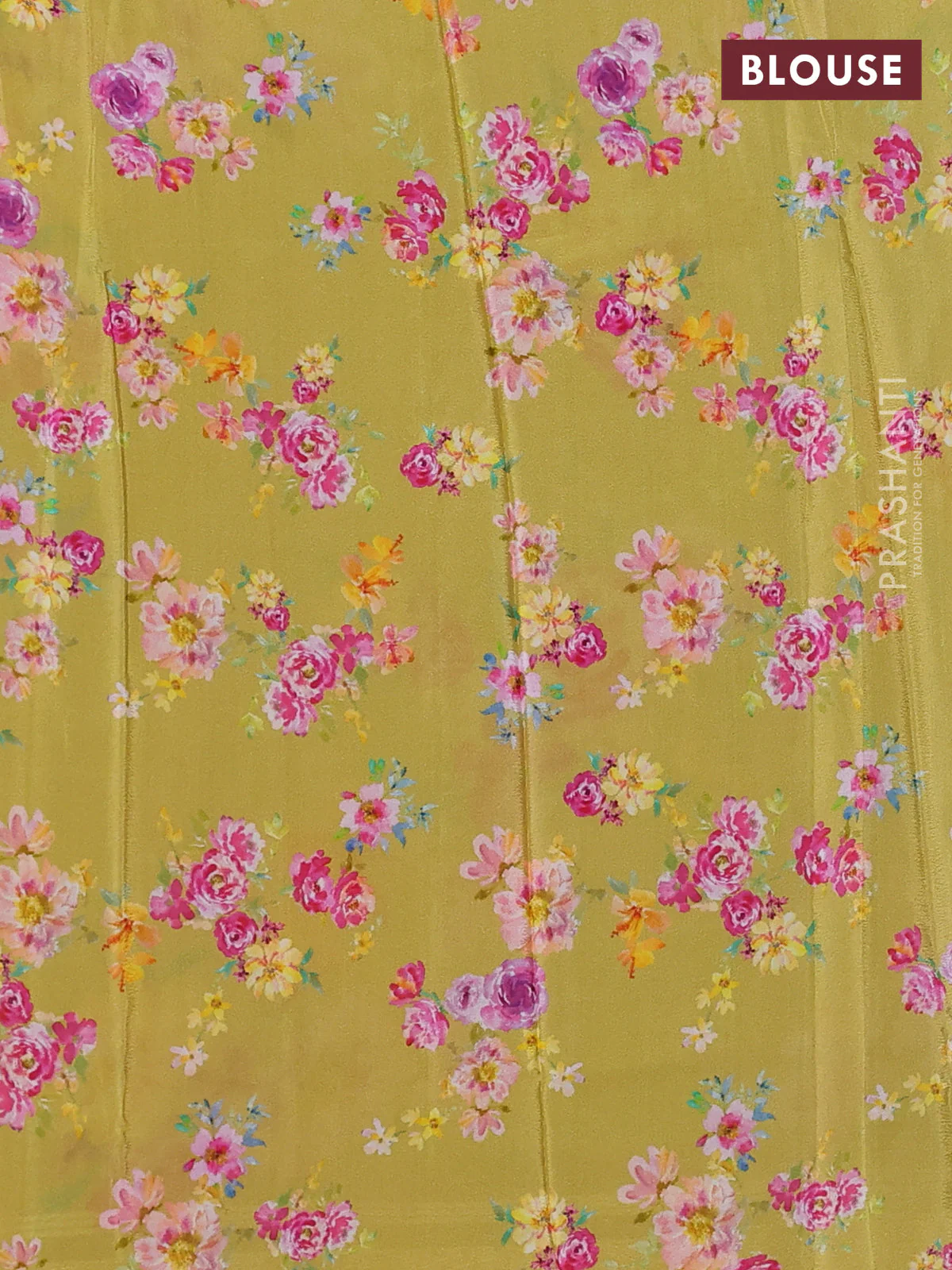 Semi georgette saree dark mustard with allover floral prints and long zari woven border - Image 3