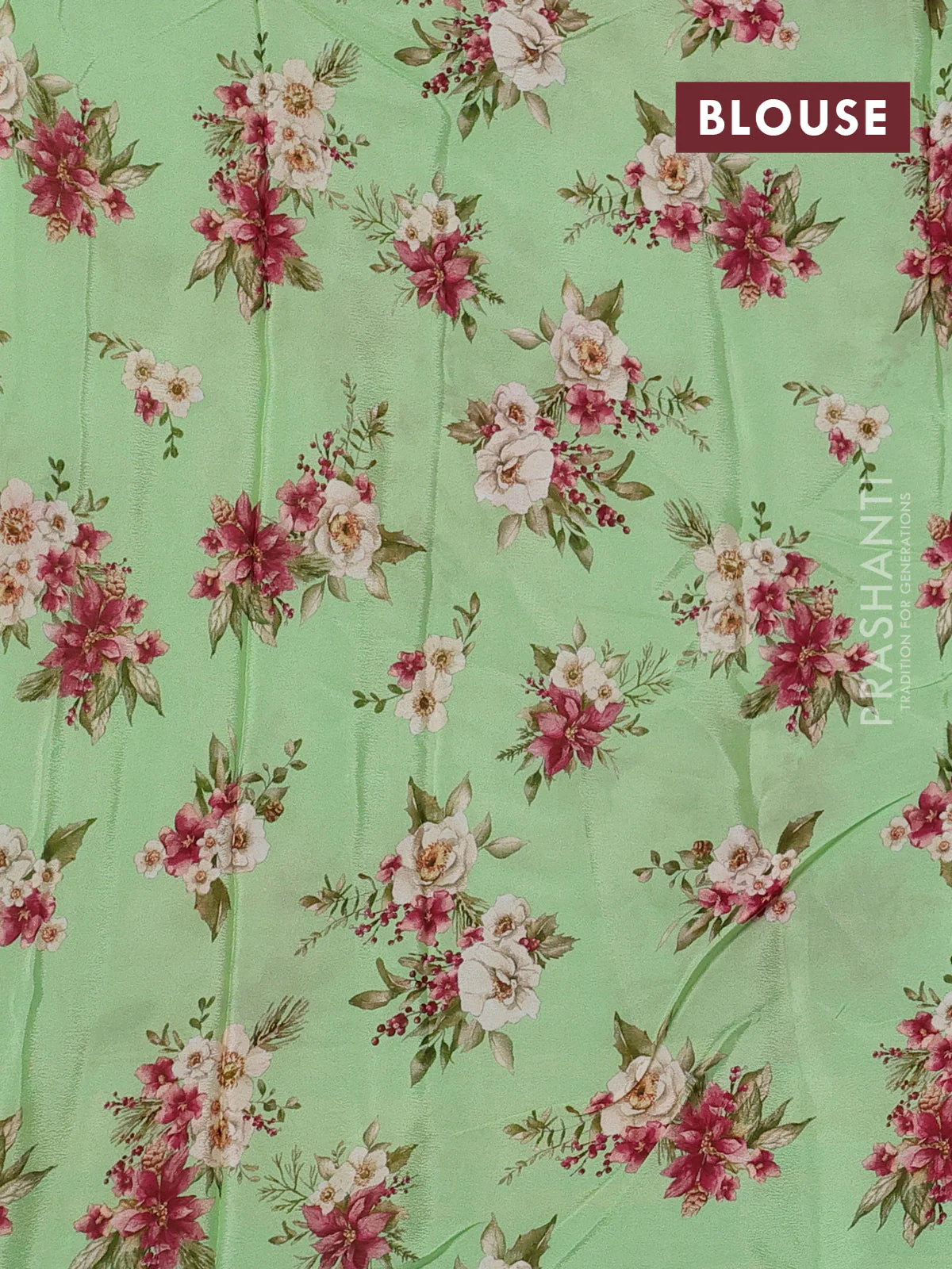 Semi georgette saree green with allover floral prints and long zari woven border - Image 3
