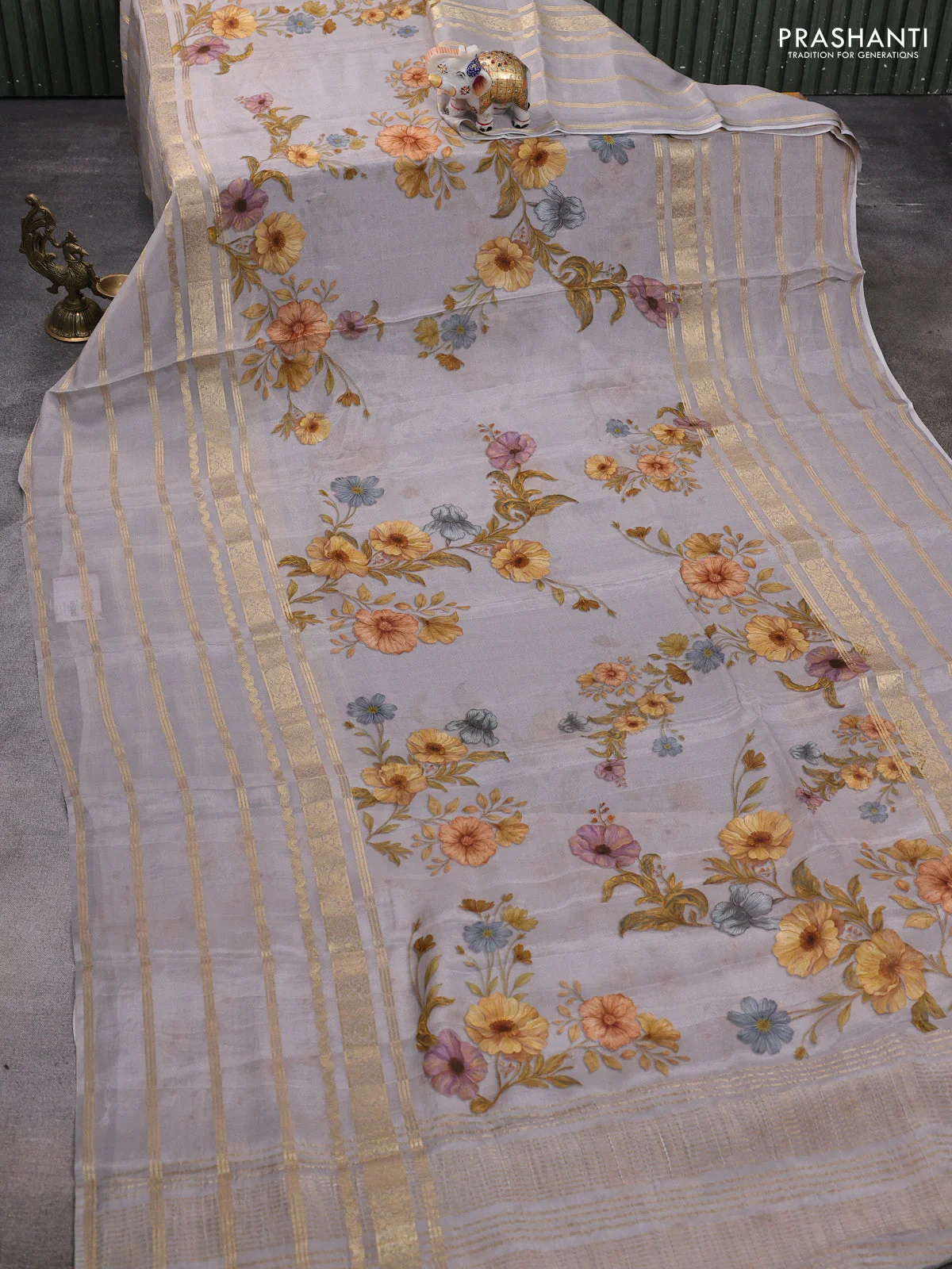 Semi georgette saree grey with allover floral prints and long zari woven border - Image 2