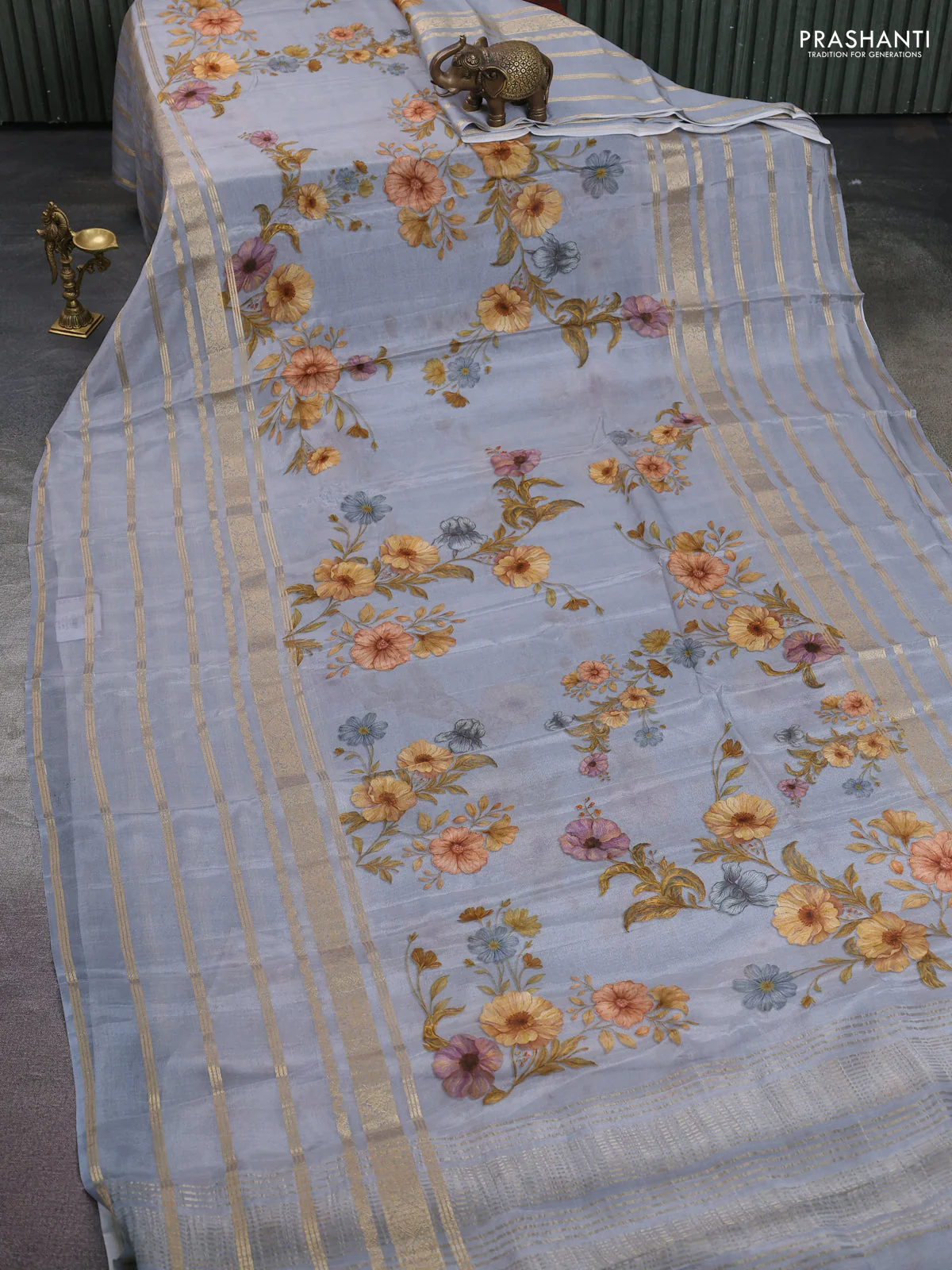 Semi georgette saree grey with allover floral prints and long zari woven border - Image 2