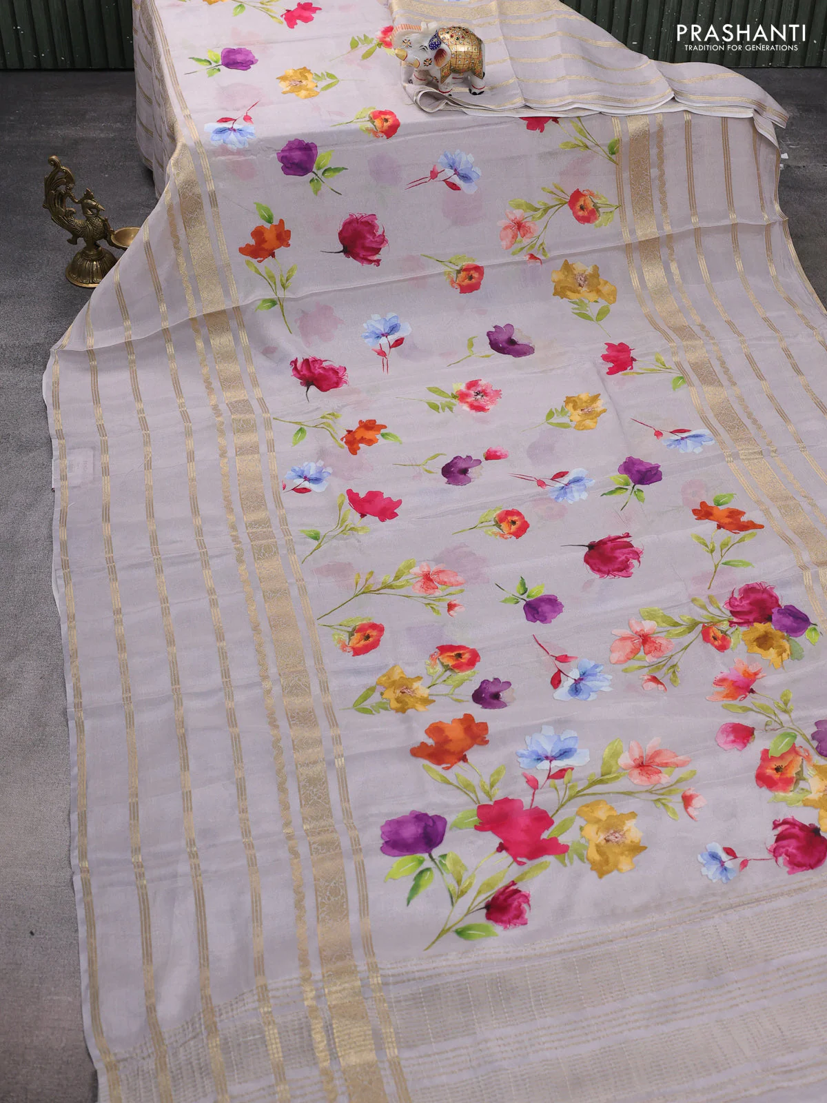Semi georgette saree grey with allover floral prints and long zari woven border - Image 2