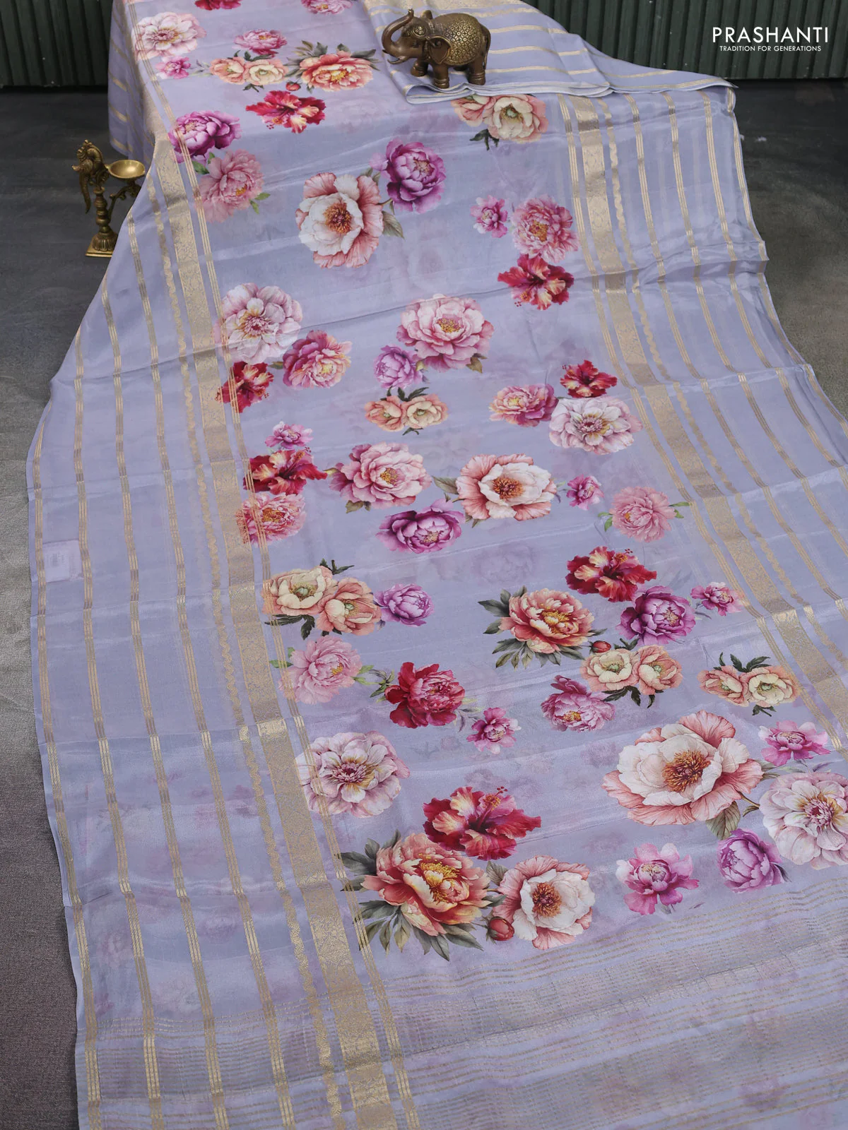 Semi georgette saree grey with allover floral prints and long zari woven border - Image 2