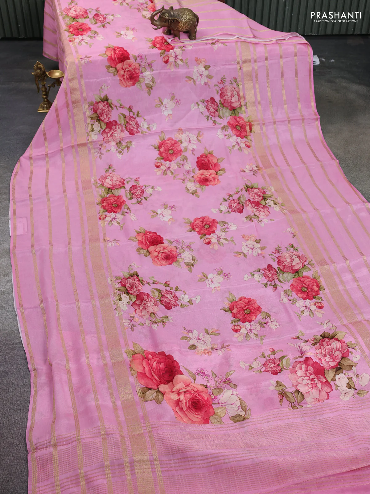 Semi georgette saree light pink with allover floral prints and long zari woven border - Image 2