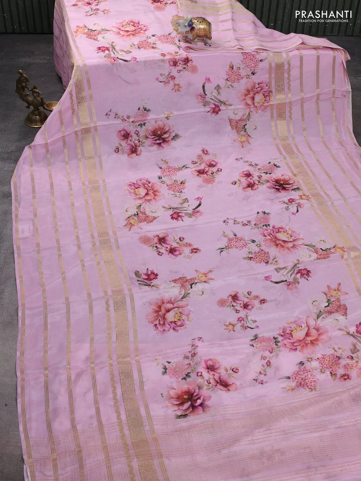 Semi georgette saree light pink with allover floral prints and long zari woven border - Image 2