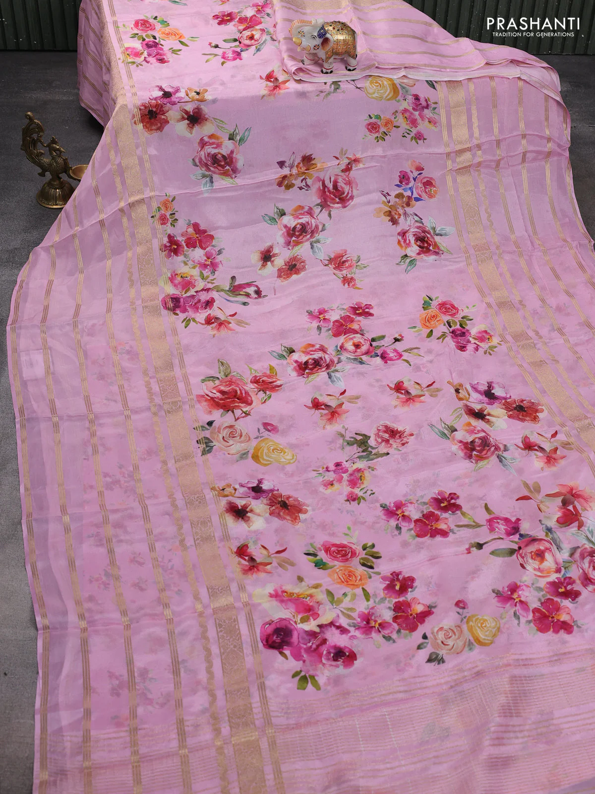 Semi georgette saree light pink with allover floral prints and long zari woven border - Image 2
