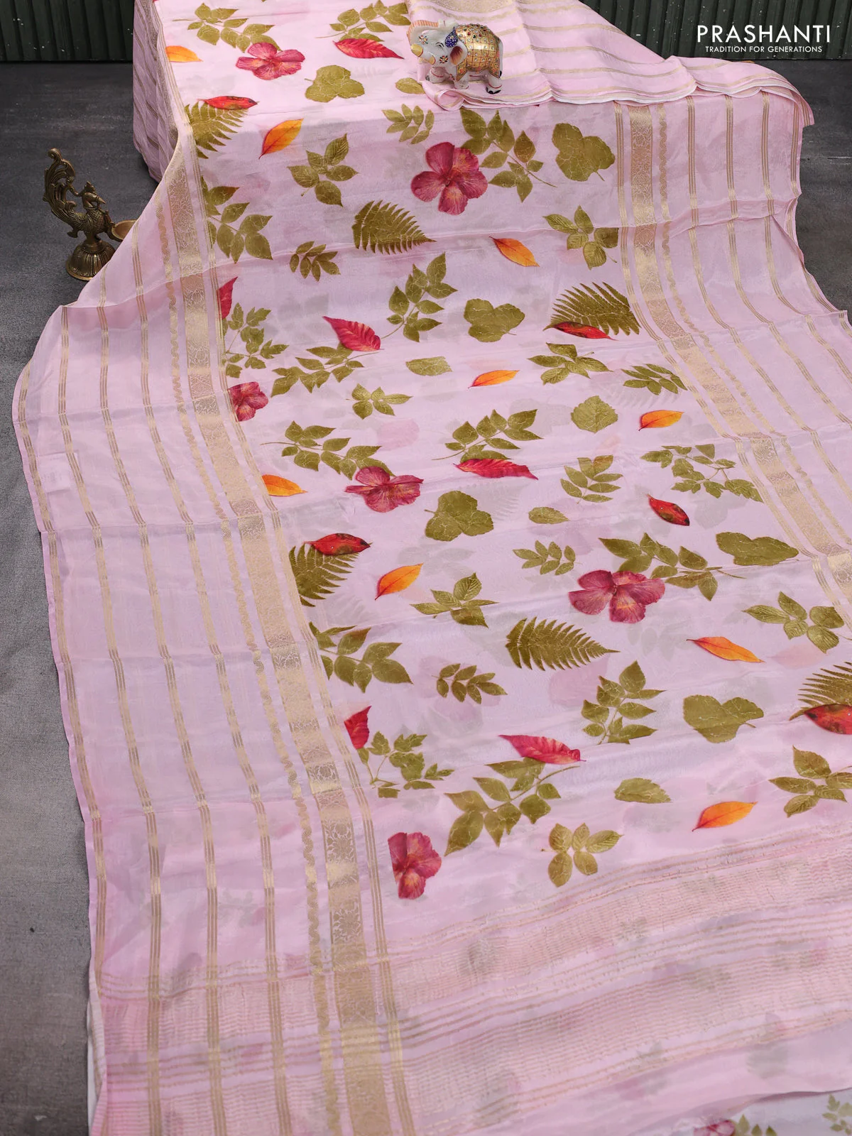 Semi georgette saree light pink with allover floral prints and long zari woven border - Image 2