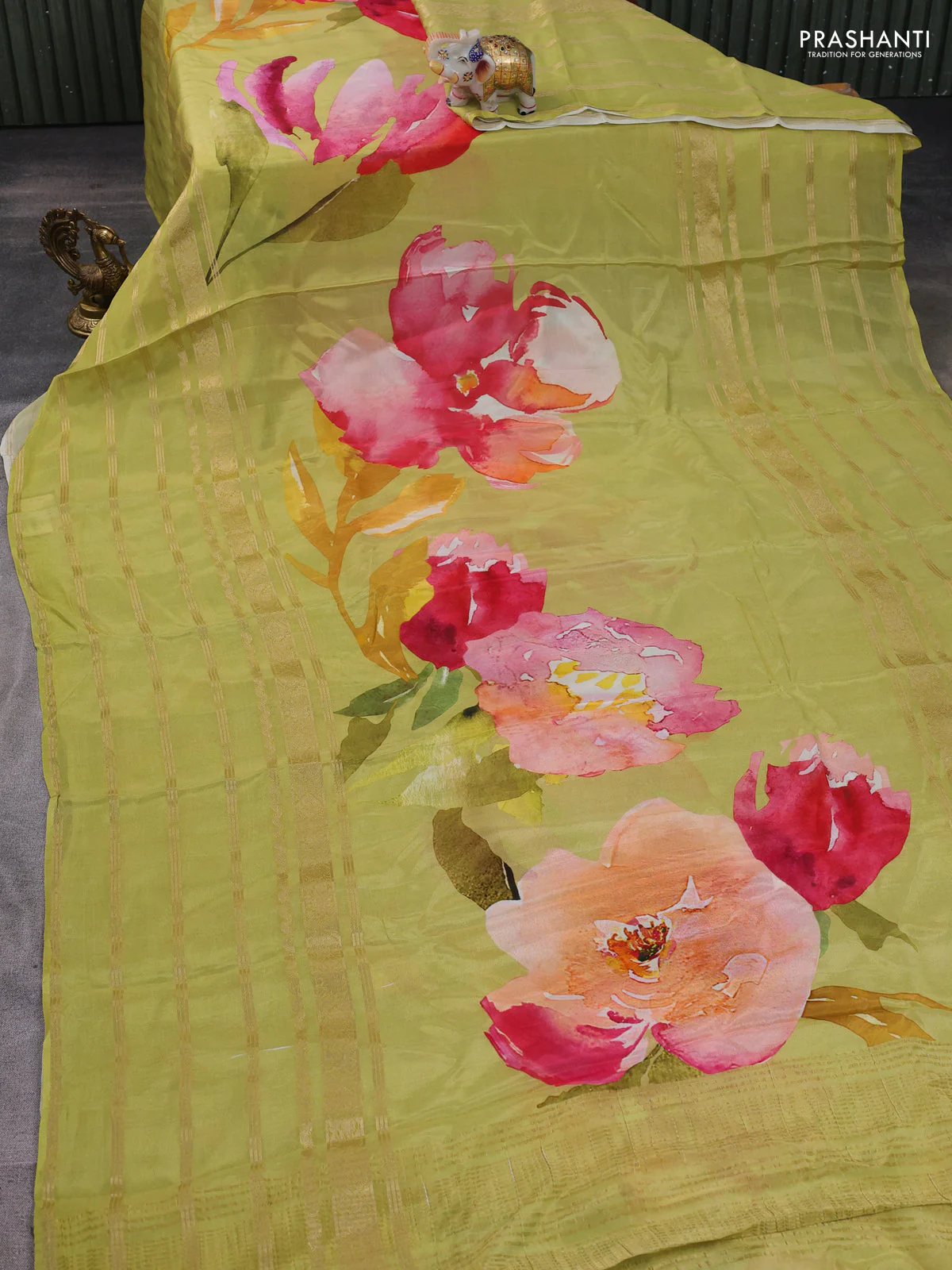 Semi georgette saree lime green with allover floral prints and long zari woven border - Image 2