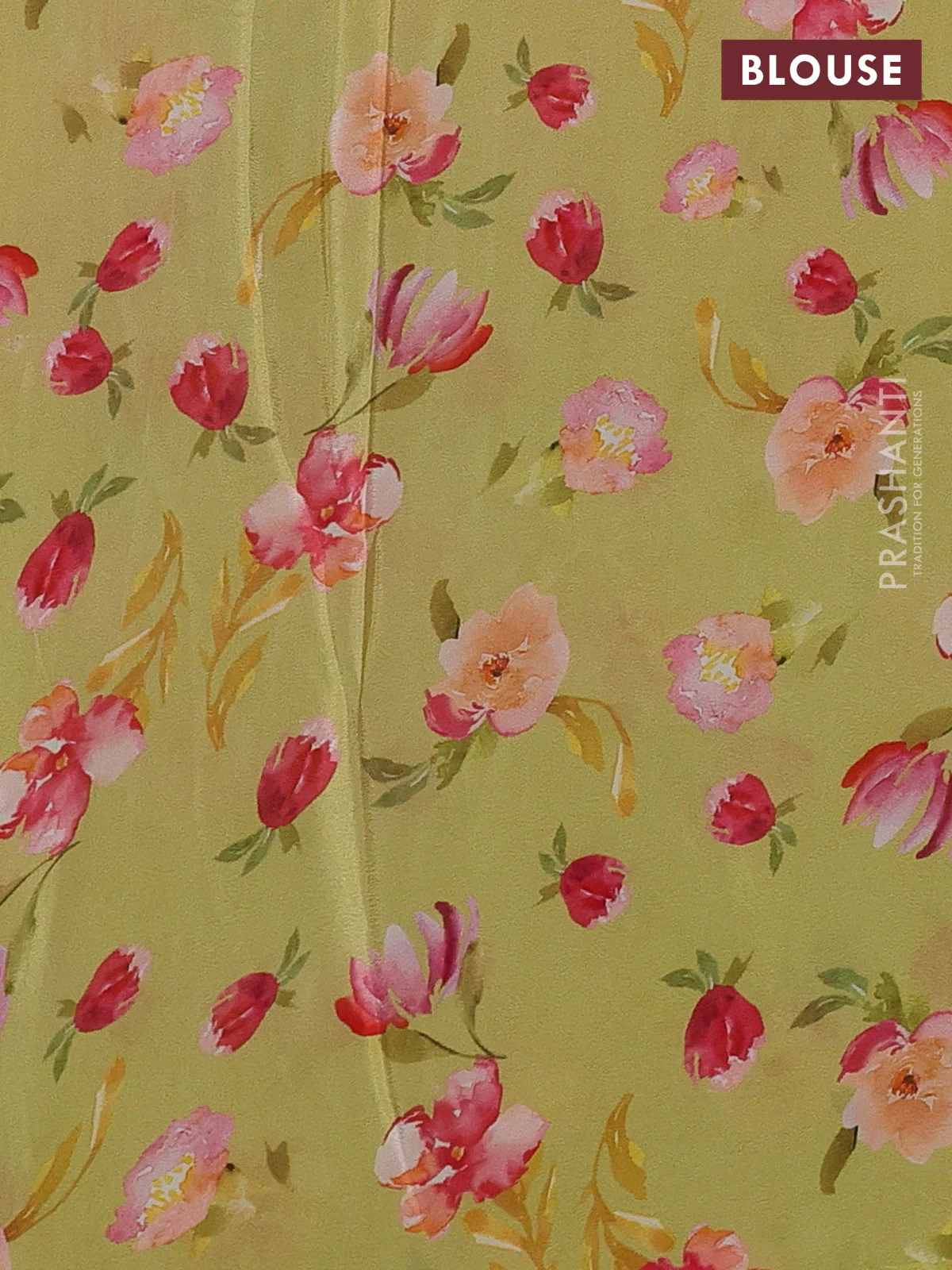Semi georgette saree lime green with allover floral prints and long zari woven border - Image 3