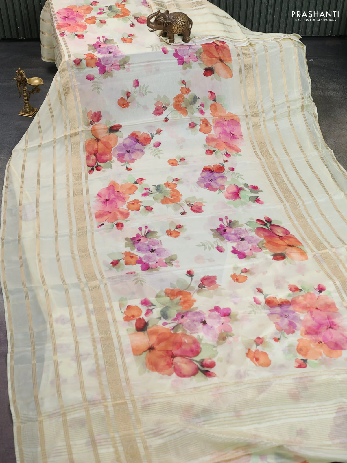 Semi georgette saree lime yellow with allover floral prints and long zari woven border - Image 2