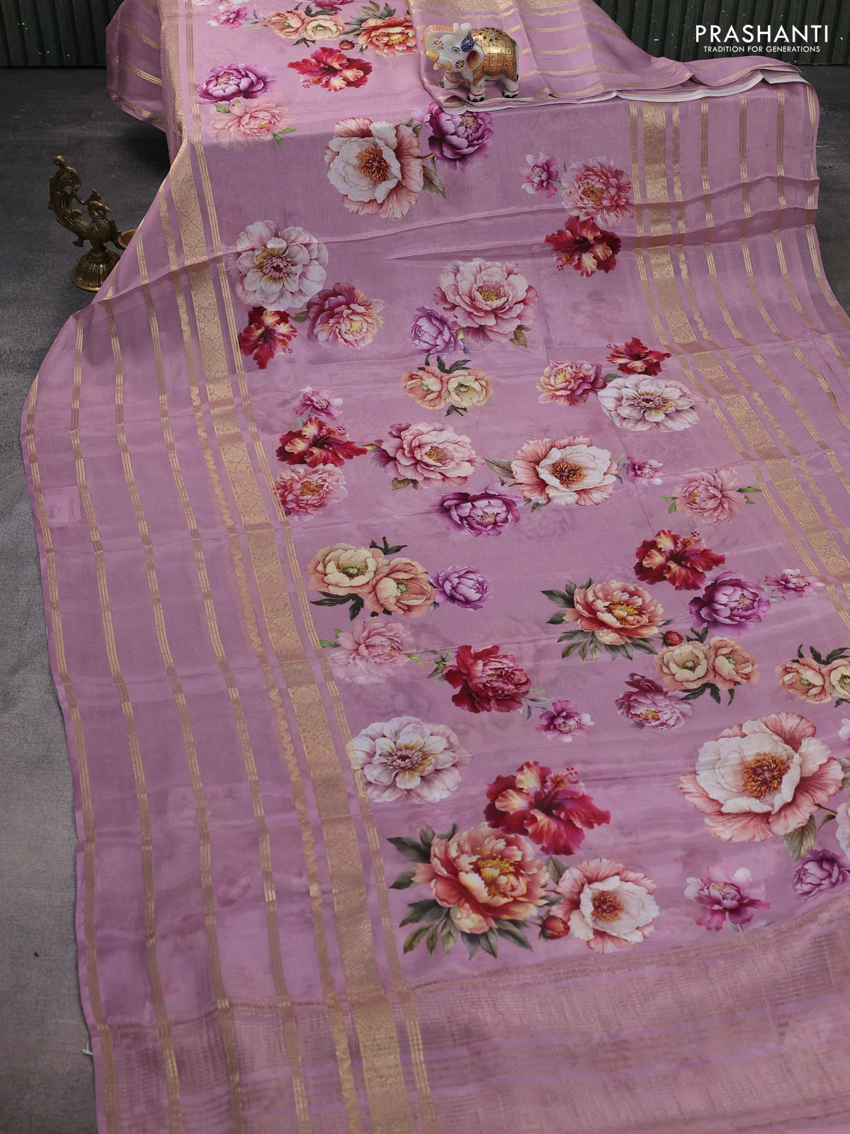 Semi georgette saree mauve pink with allover floral prints and long zari woven border - Image 2