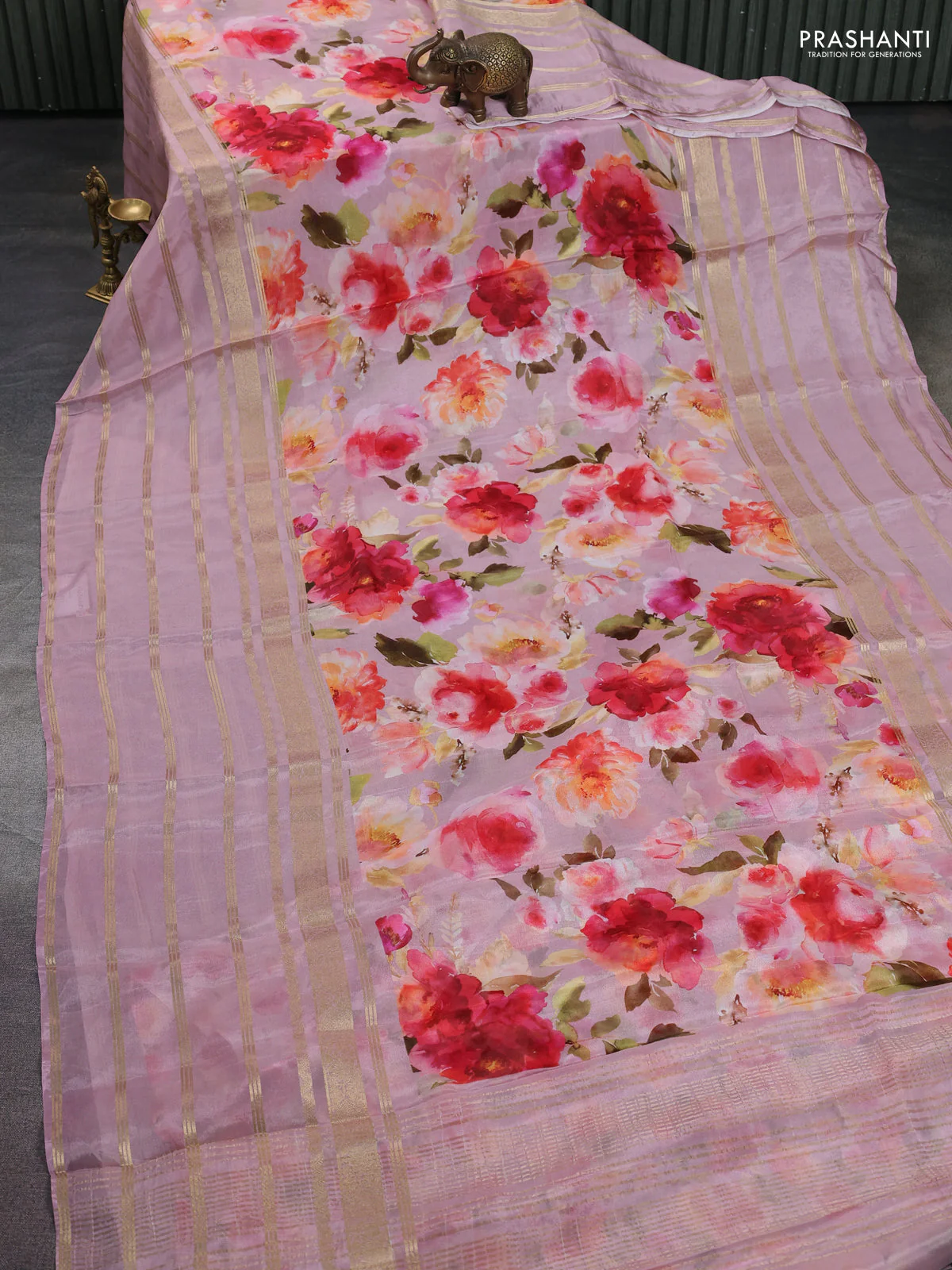 Semi georgette saree mauve pink with allover floral prints and long zari woven border - Image 2