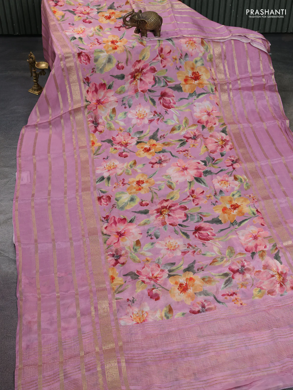 Semi georgette saree mauve pink with allover floral prints and long zari woven border - Image 2