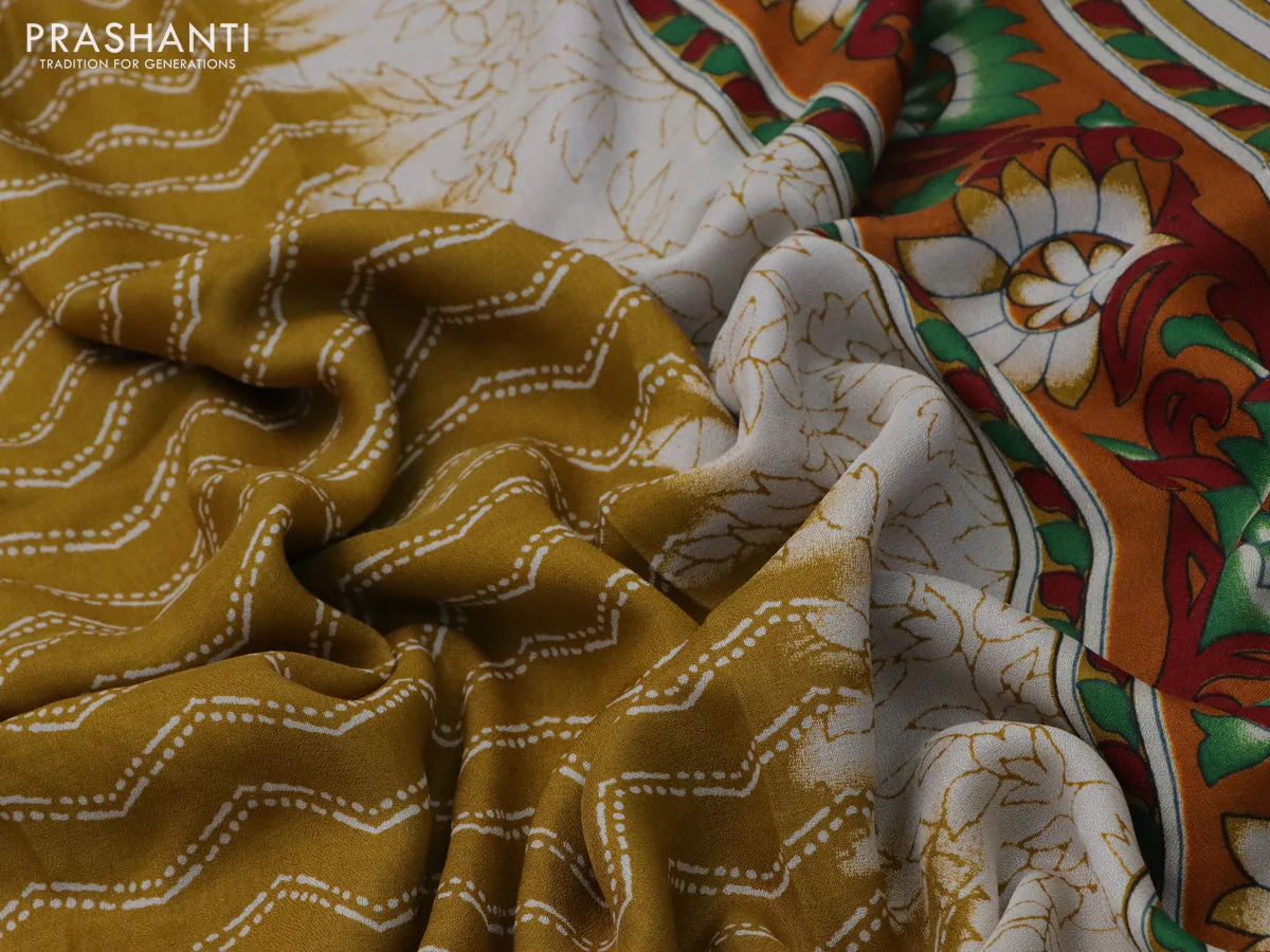Semi georgette saree mustard yellow with allover zig zag prints and long zari woven border - Image 3