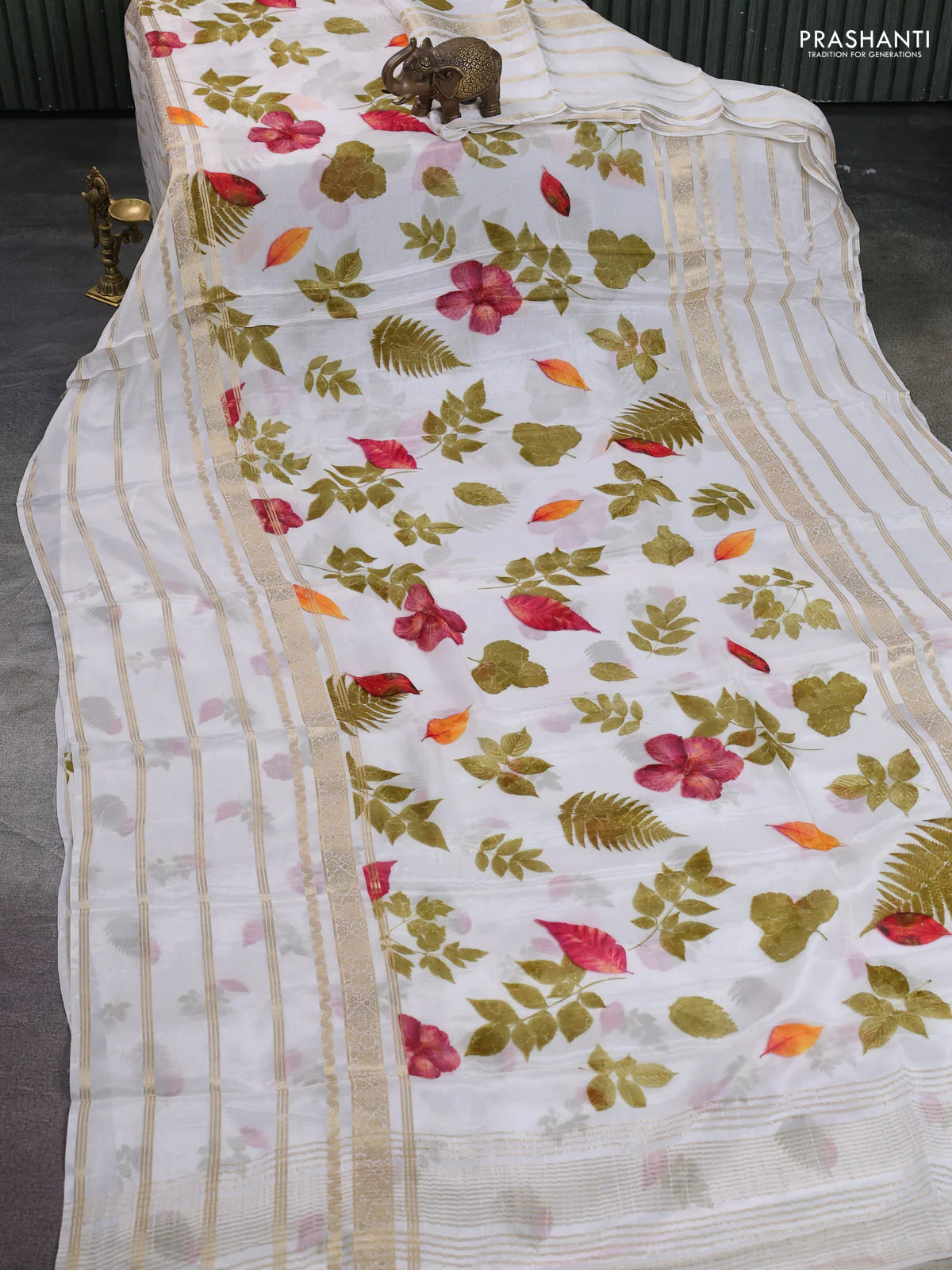 Semi georgette saree off white with allover floral prints and long zari woven border - Image 2