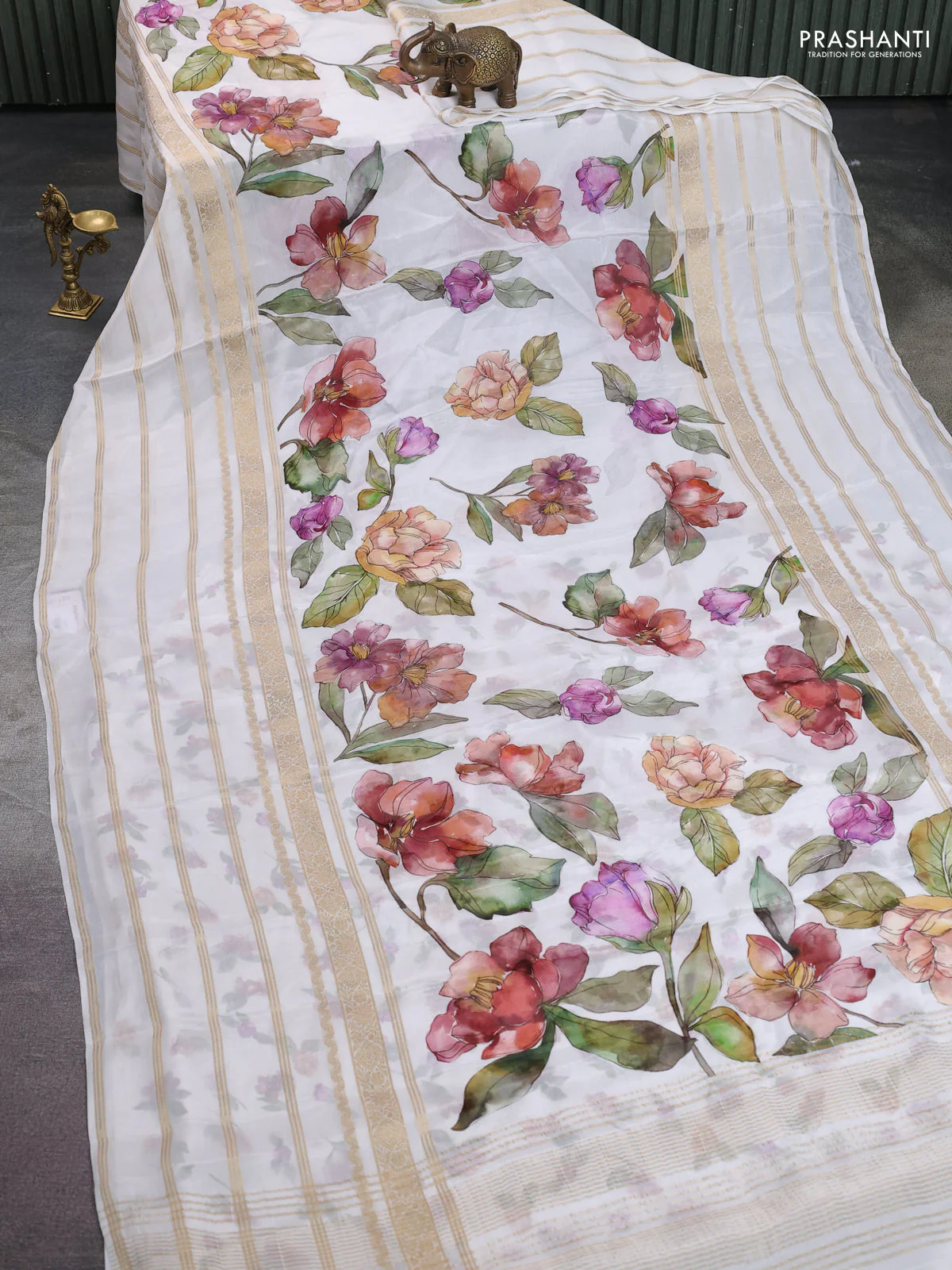 Semi georgette saree off white with allover floral prints and long zari woven border - Image 2