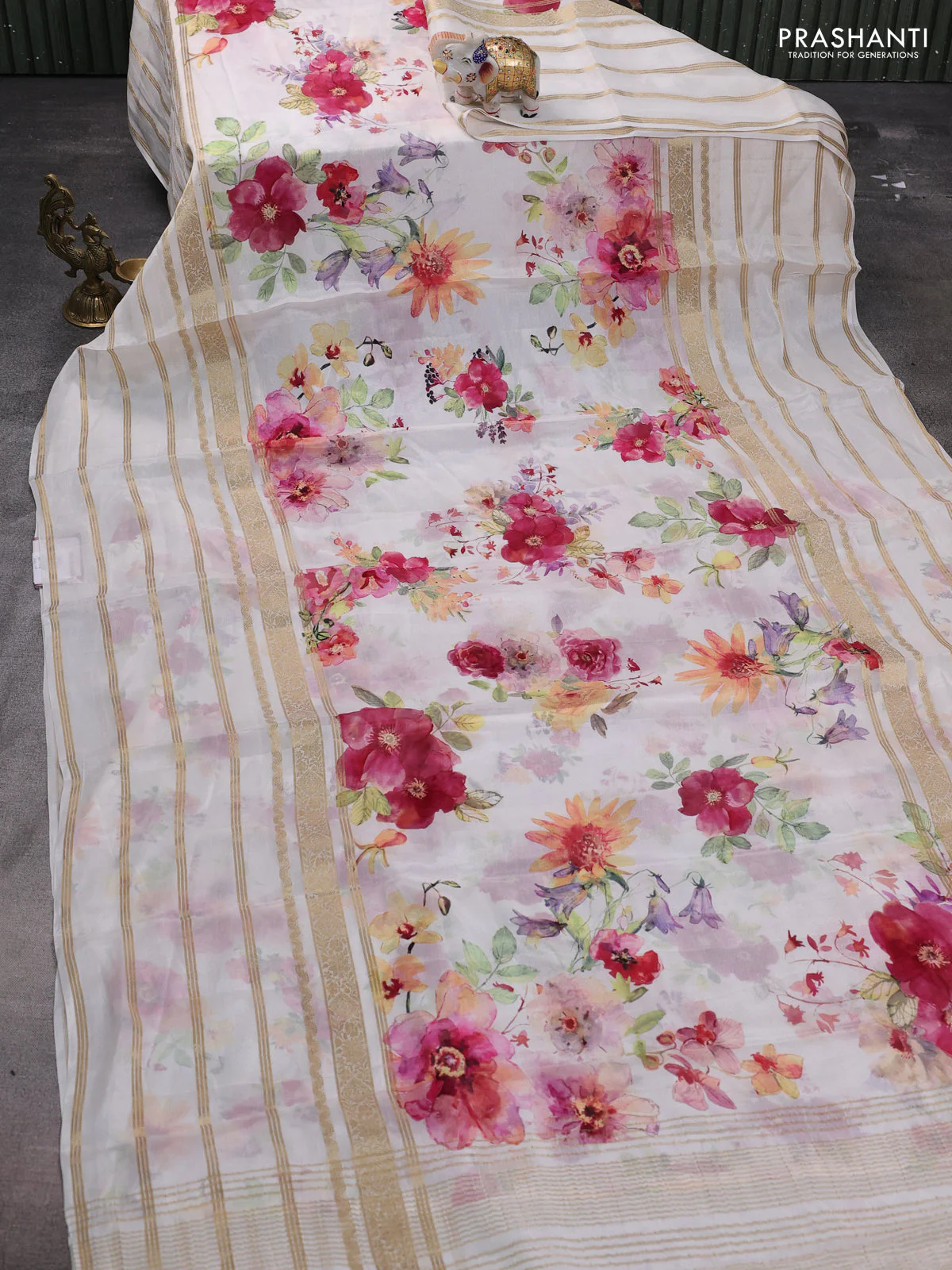 Semi georgette saree off white with allover floral prints and long zari woven border - Image 2