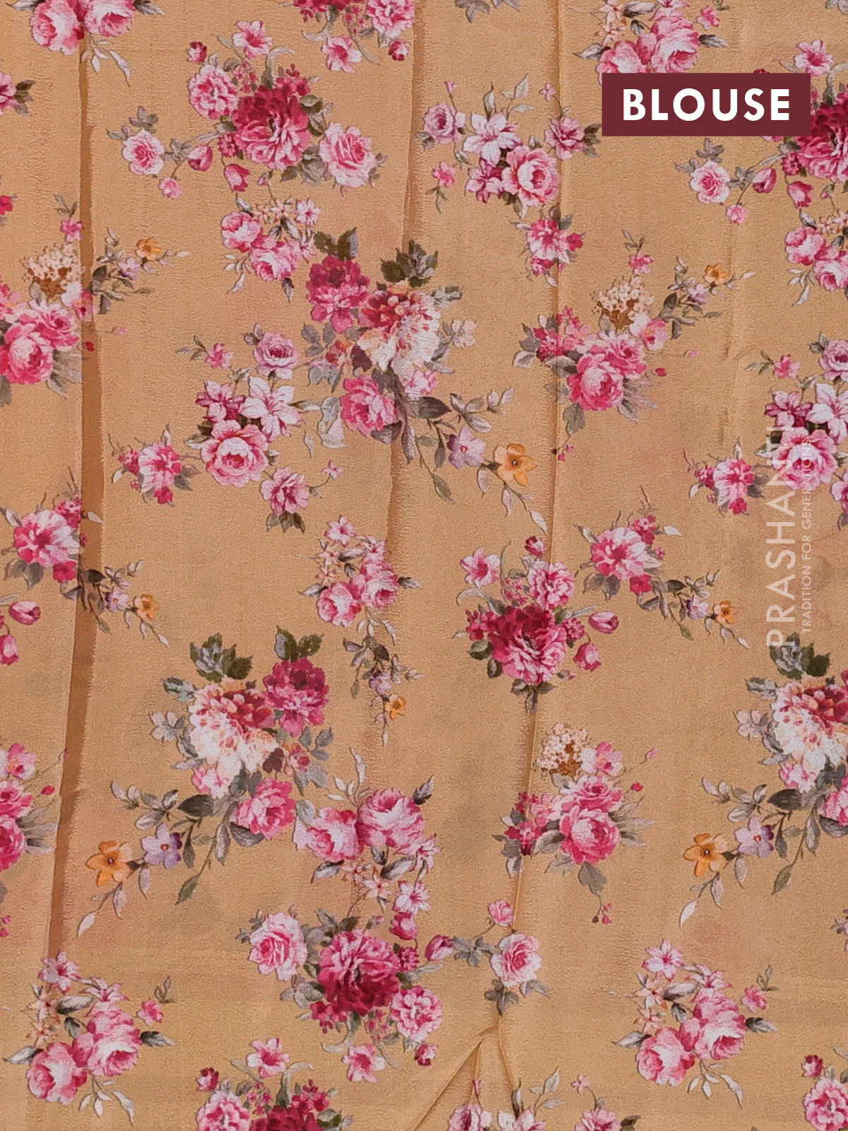 Semi georgette saree orange shade with allover floral prints and long zari woven border - Image 3